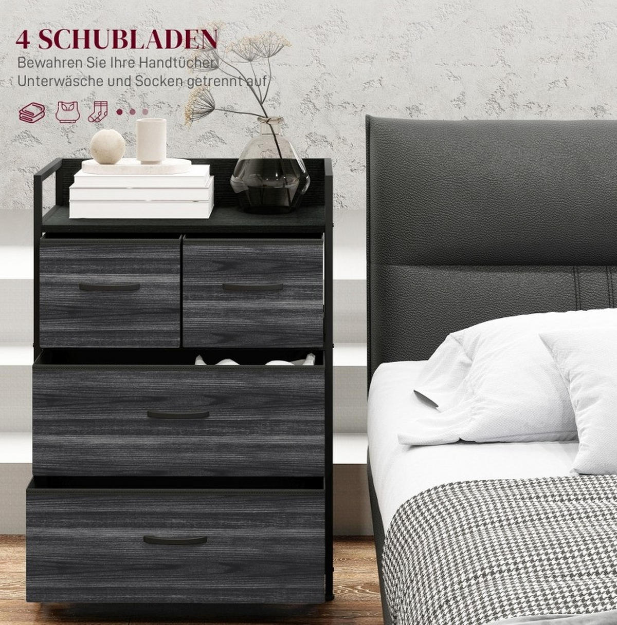 KOMMODE aus Polyester und Stahl 29x60x85 cm Schwarz mit 4 Stoffschubladen und Ablage im Industrial-Stil - Schwarz, Holzwerkstoff (60/85/29cm) - Modfu