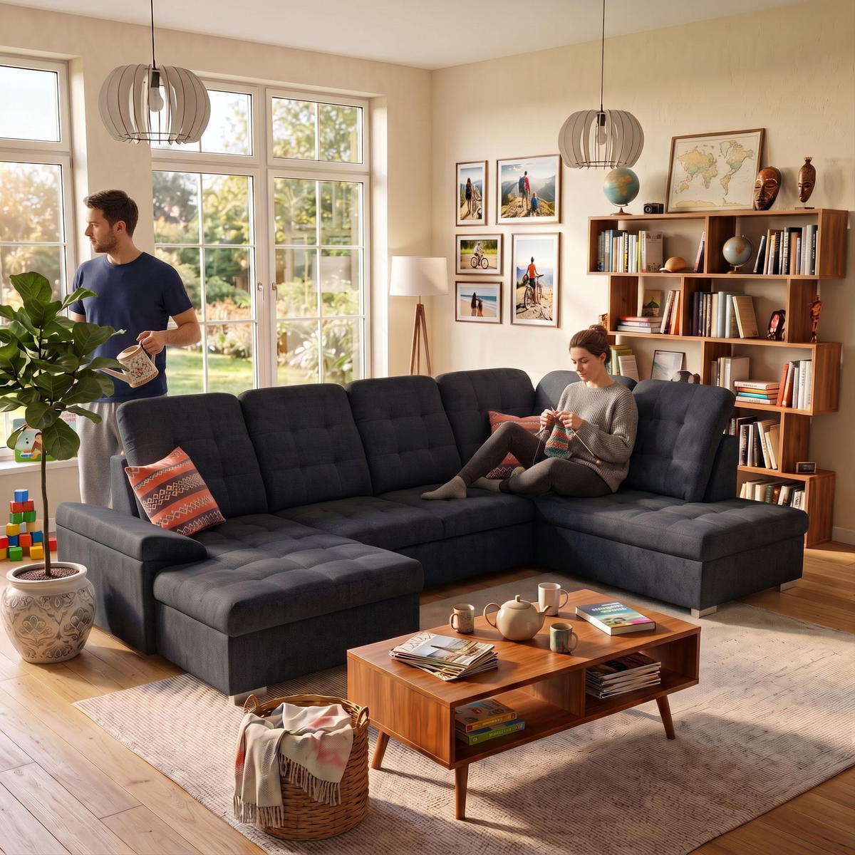 ECKSOFA U-Form OLIVIA U Rechts mit Schlaffunktion 124x257 Velours Schwarz - Silberfarben/Schwarz, Holz/Kunststoff (202/103/320cm) - Muffo