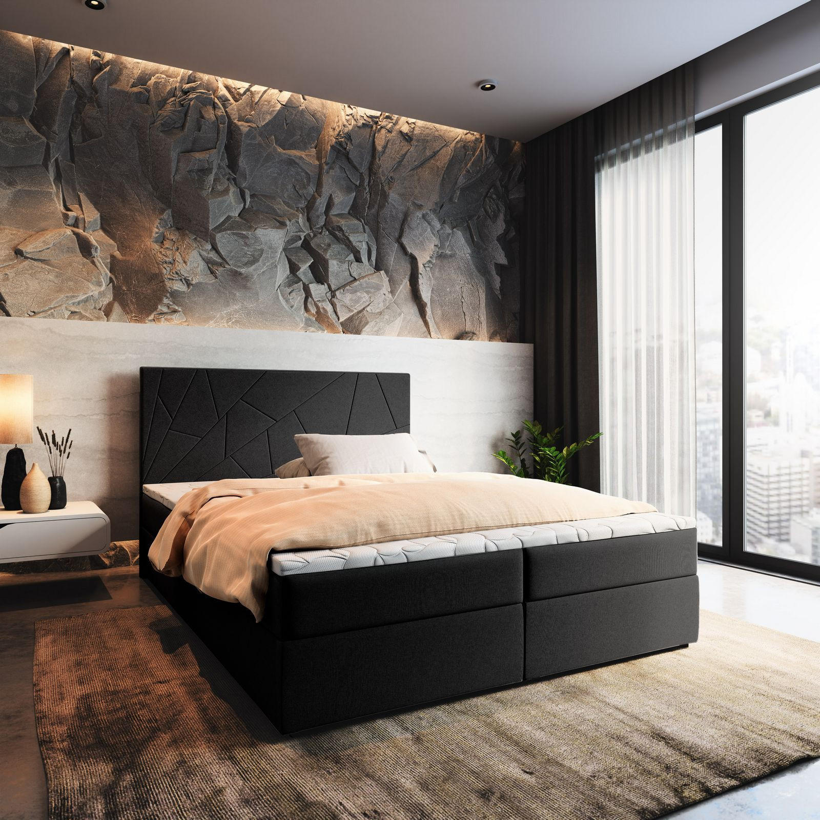 BOXBETT MADO 180x200 cm mit Matratze und Topper - Schwarz - Schwarz, Holz (180/200cm) - MASSENO