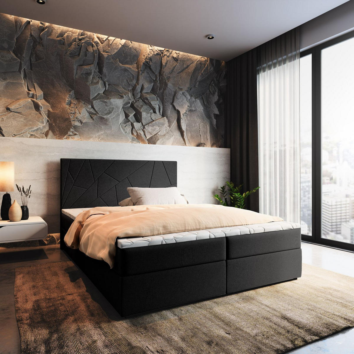 BOXBETT MADO 160x200 cm mit Matratze und Topper - Schwarz - Schwarz, Holz (160/200cm) - MASSENO