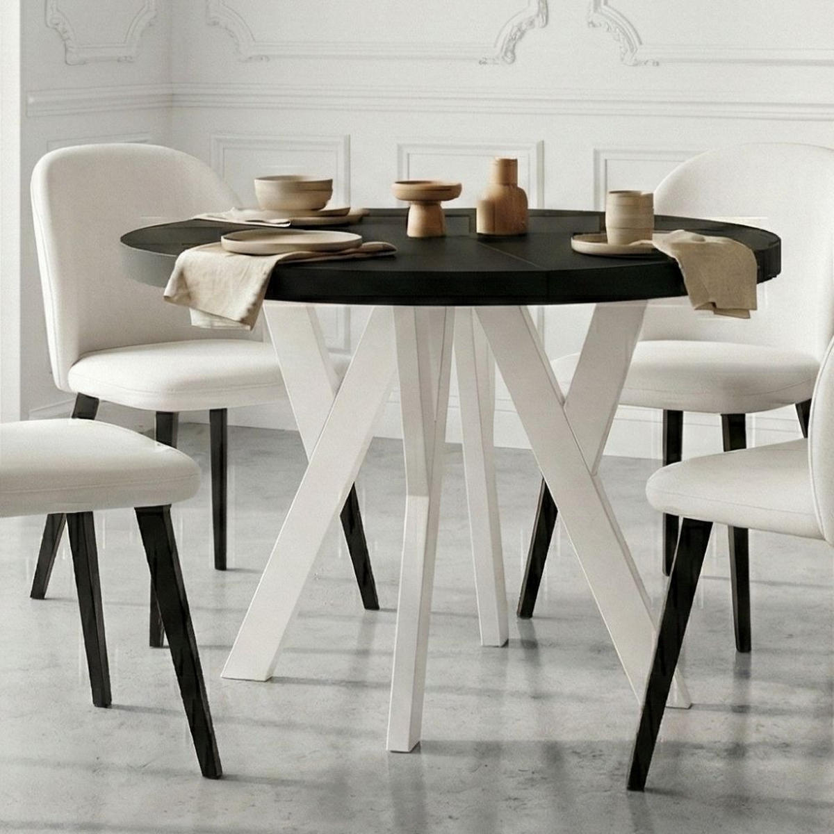 ESSTISCH Runder Ausziehbarer PERO 90/140, Schwarz / Weiß - Schwarz/Weiß, Holz (140/90/77cm) - Dekori_Interiors