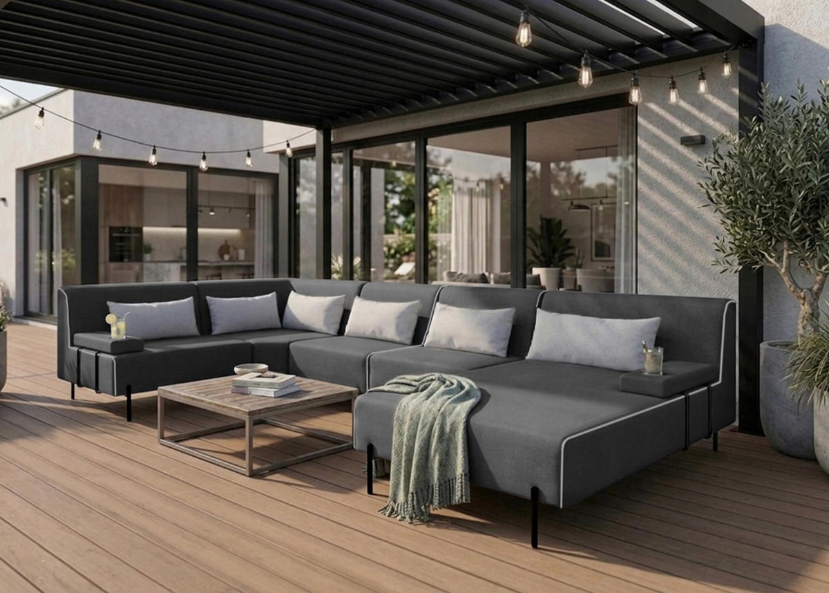 GARTENSOFA BORNEO XL Wetterfest 370x222x86 cm, Links, Solide Konstruktion, HR-Schaumfüllung, Wetterfeste Bezugstoff, Dunkelgrau - Dunkelgrau, Holz/Metall (370/86/222cm) - Trada