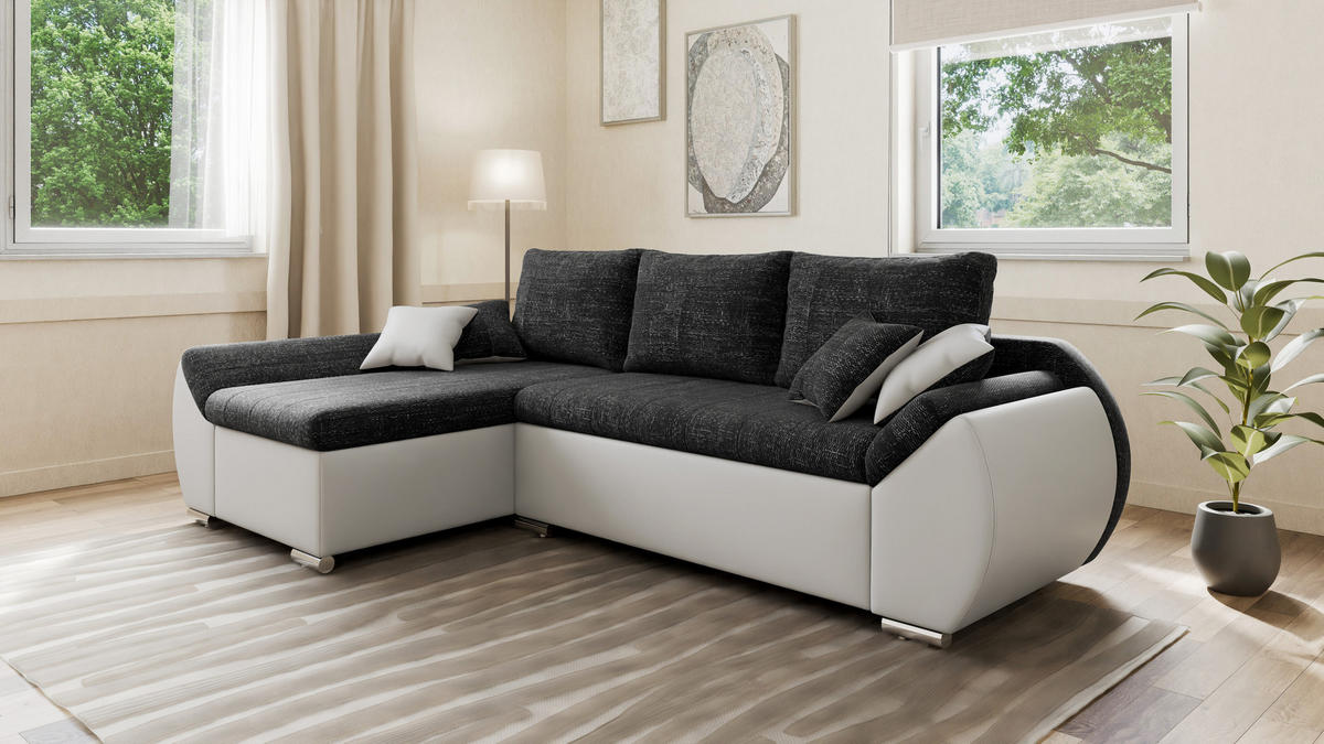 ECKSCHLAFSOFA ALEX – Schwarz + Weiß (Lawa 06 + Soft 17) + Hocker - Links - Schwarz, Holzwerkstoff/Metall (275/155cm) - Möblo