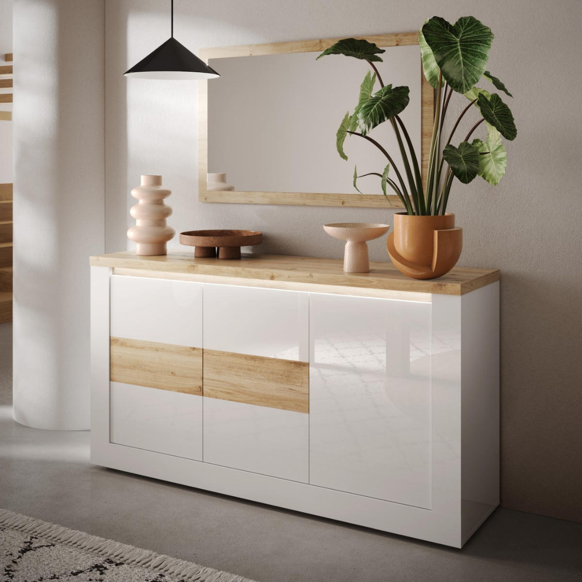 SIDEBOARD 3 Türen LED-Beleuchtung Eichendekor und Weiß 160/43/88 cm - Weiß, Holzwerkstoff (43/88/160cm) - Calicosy