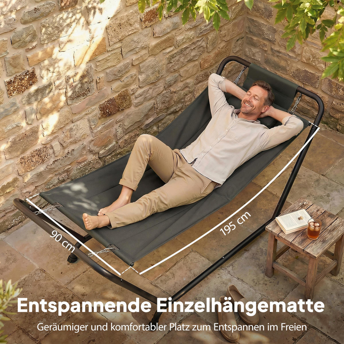 HÄNGEMATTE MIT GESTELL DE-06763 mit Kopfstütze & Seitentasche - Dunkelgrau, Kunststoff/Metall (237/92/90cm) - ComfortXL