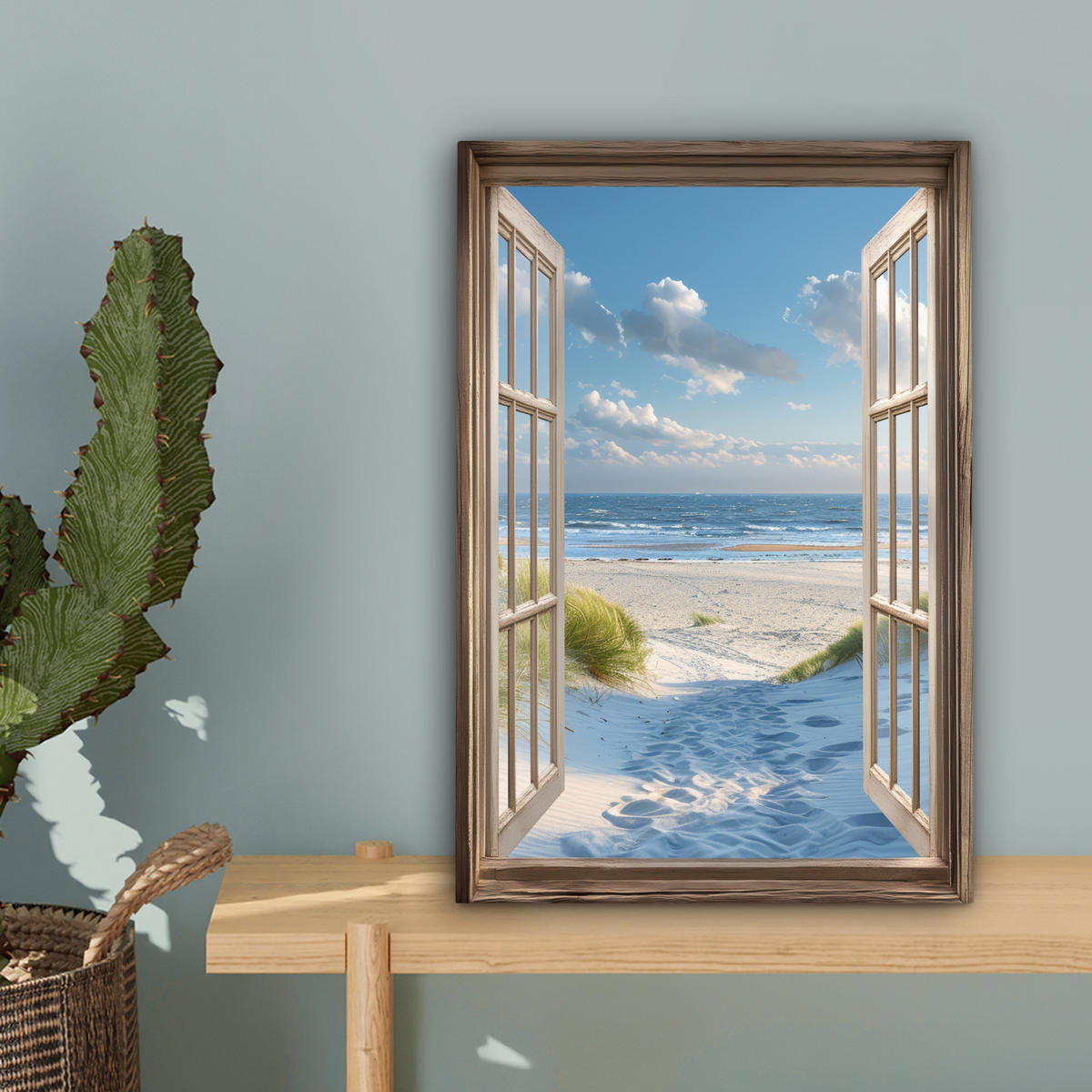 LEINWANDBILD Aussicht - Strand - Fenster - Dünen - Meer 20x30 cm - Hellblau, Textil (20/30cm) - MuchoWow