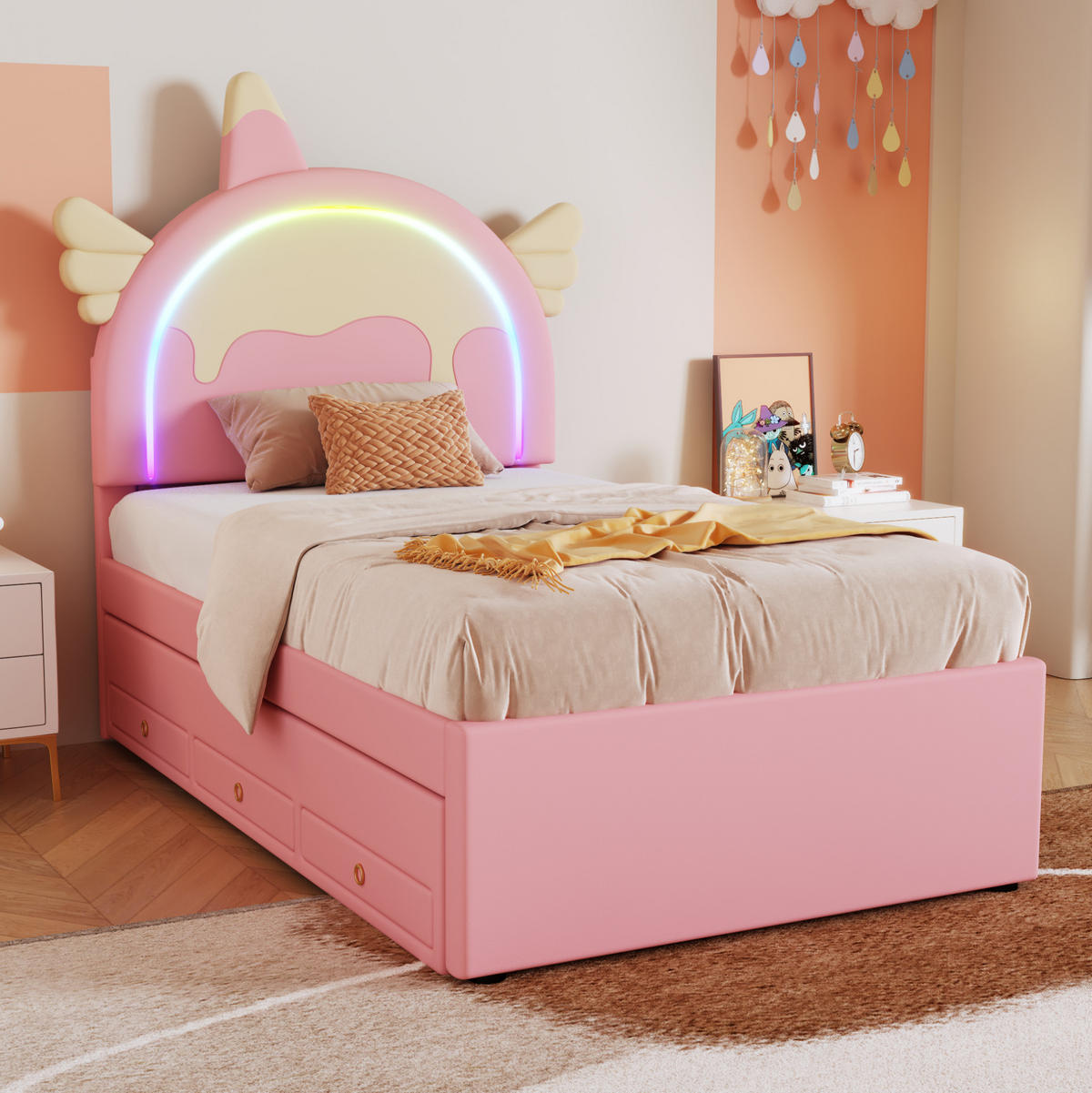 KINDERBETT 90/200 cm aus PU und MDF mit Einhorn-Kopfteil und ausziehbarem Rollbett Rosa - Rosa, Kunststoff (90/200cm) - Modenvie