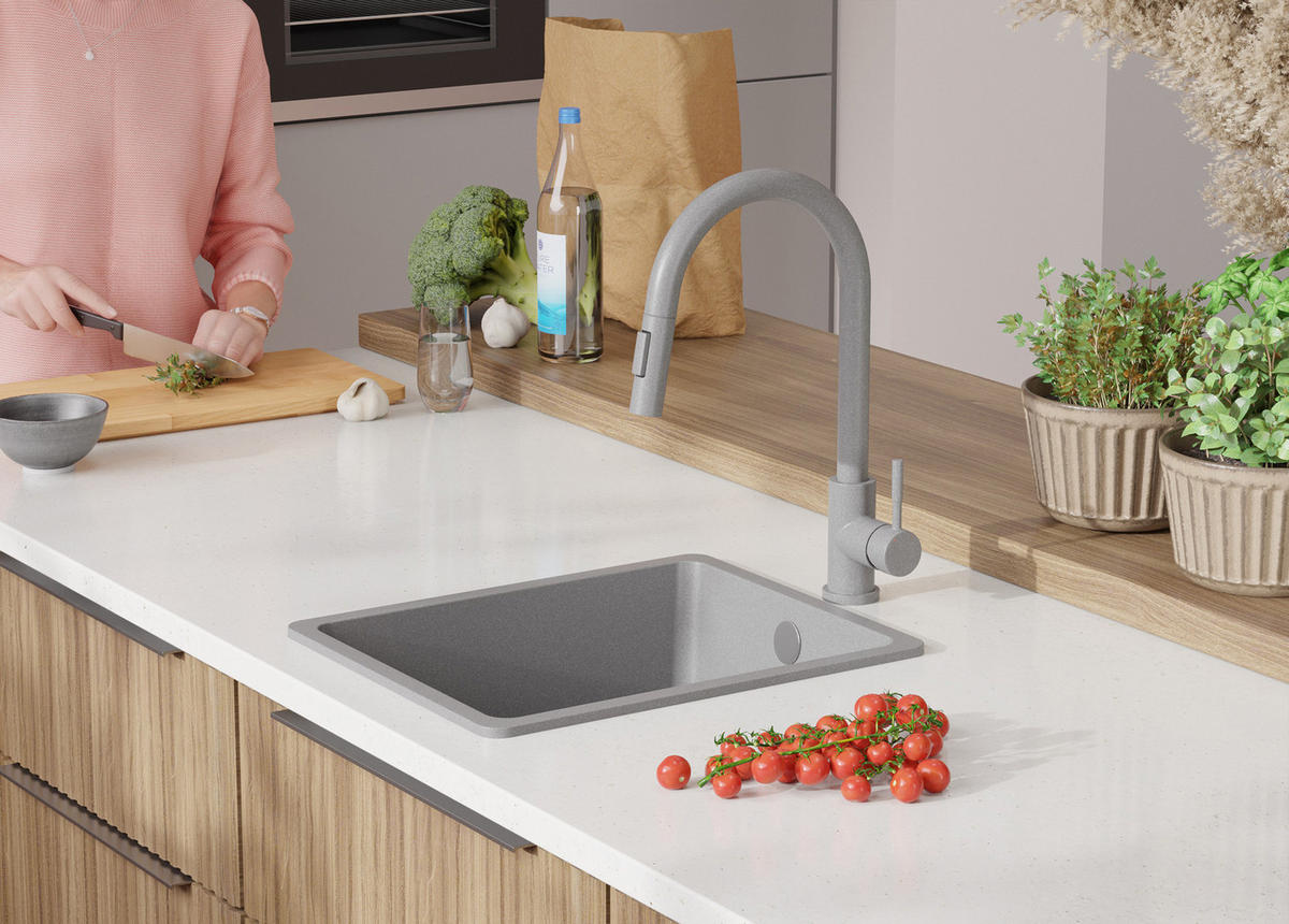 SPÜLBECKEN Venedig Slim Easy, 2-er set Grau 36/44 cm 1 Becken + Ablauf-Set ab 40er Unterschrank - Grau, Kunststoff (36/20/44cm) - Primagran