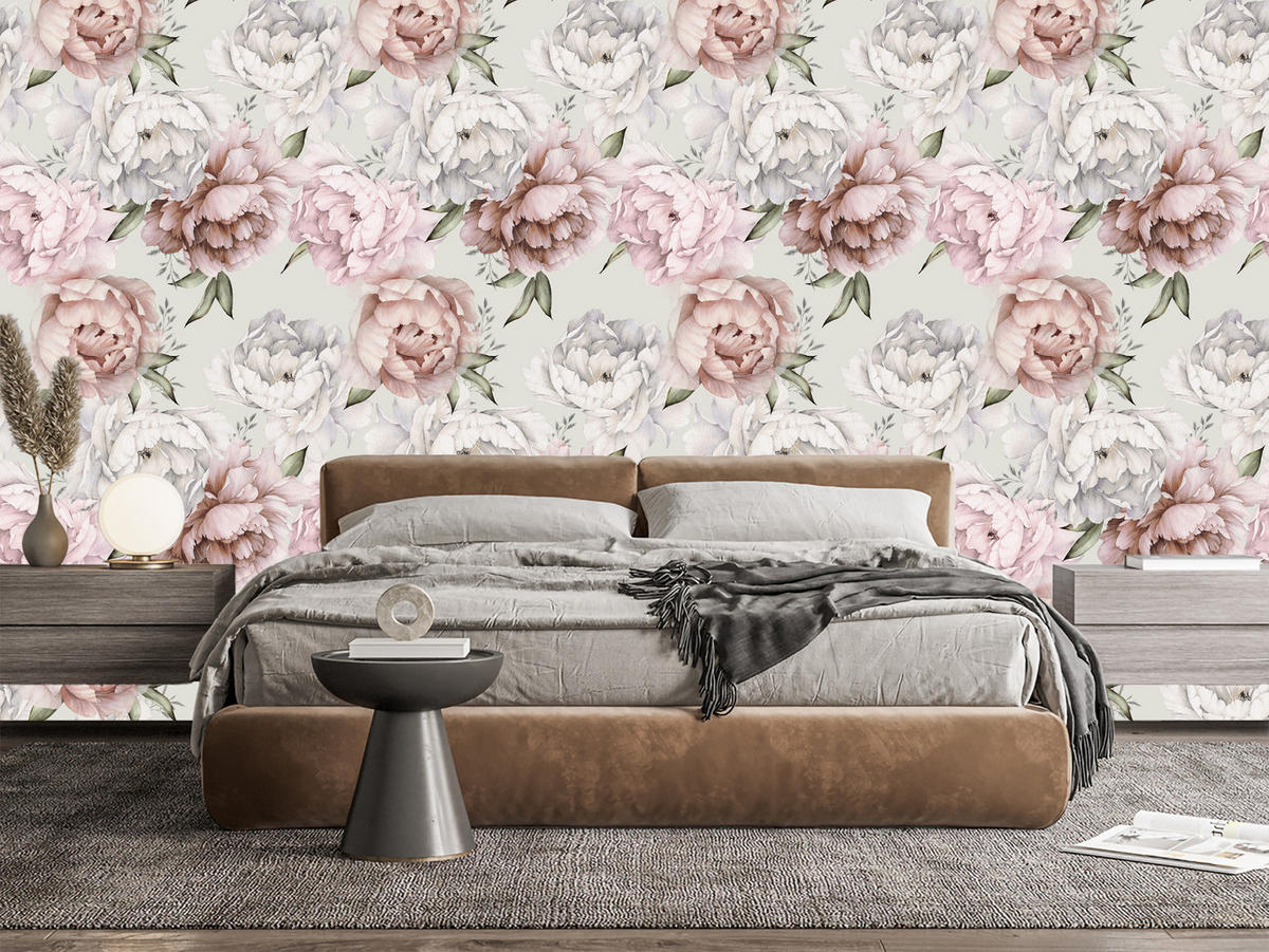 VLIESTAPETE Pfingstrosen im englischen Stil – Rosa, Grau, Weiß – 50x1000 cm - Rosa/Weiß, Papier (50/1000cm) - Muralo
