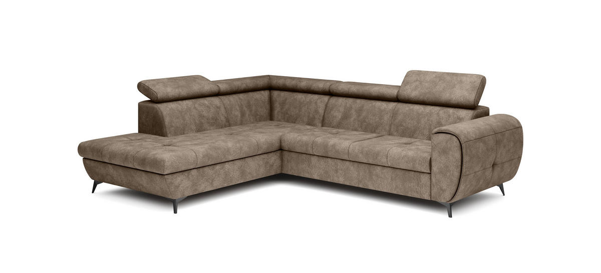 ECKSOFA MAGIA L-S Braun Plüsch-Stoff mit Schlaffunktion - Braun, Holz (260/217cm) - MASSENO