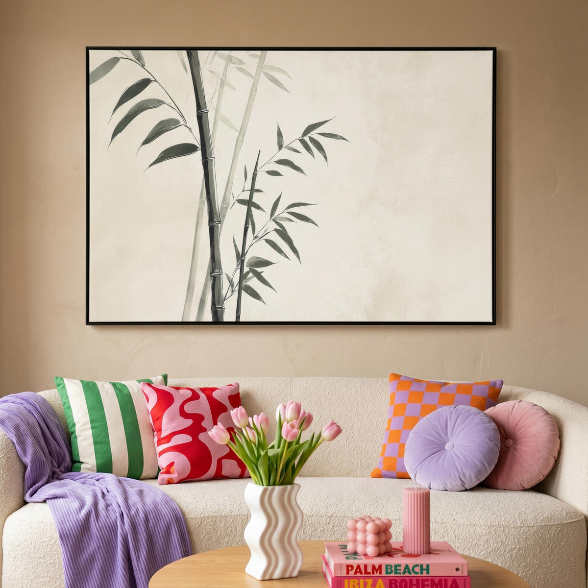 LEINWAND Bilder mit Rahmen - Japandi - Bambus - Beige - 150x100 - Eukalyptusholzfarben, Textil (150/100cm) - MuchoWow