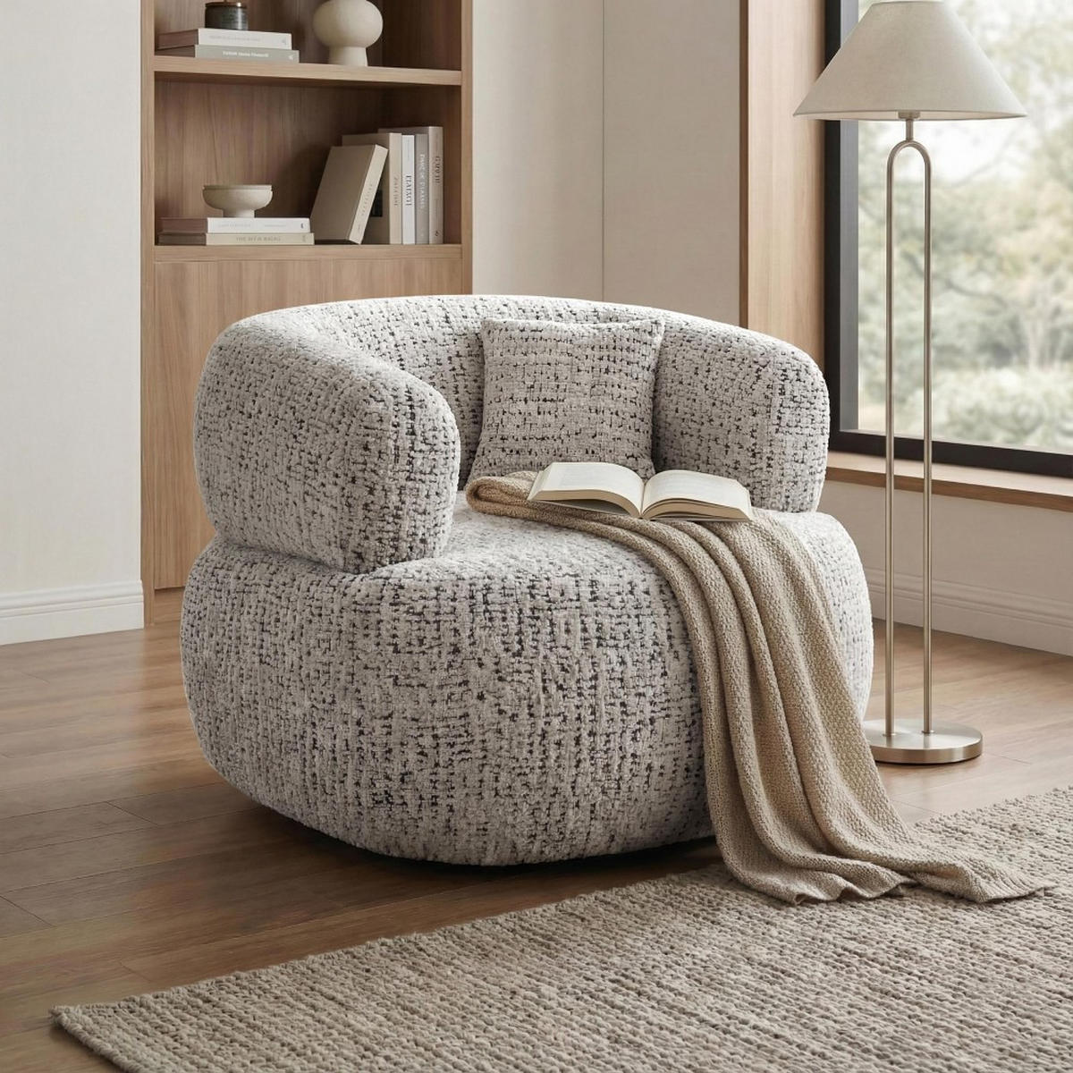 SESSEL Laila, Drehsessel mit runder Form, Beige, Geflecht-Stoff - Beige, Textil (95/75/97cm) - Beautysofa