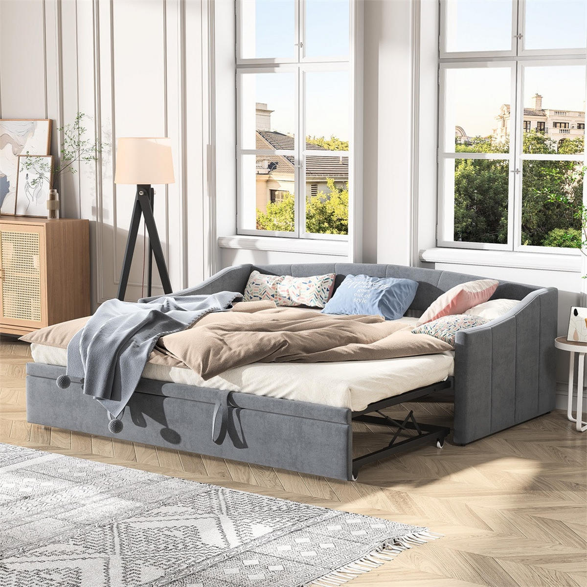 POLSTERBETT 90x200 cm mit Ausziehbett und Lattenrost - für Jugendzimmer & Gästezimmer- ohne Matratze - Grau - Grau, Textil (90/200cm) - DELFA