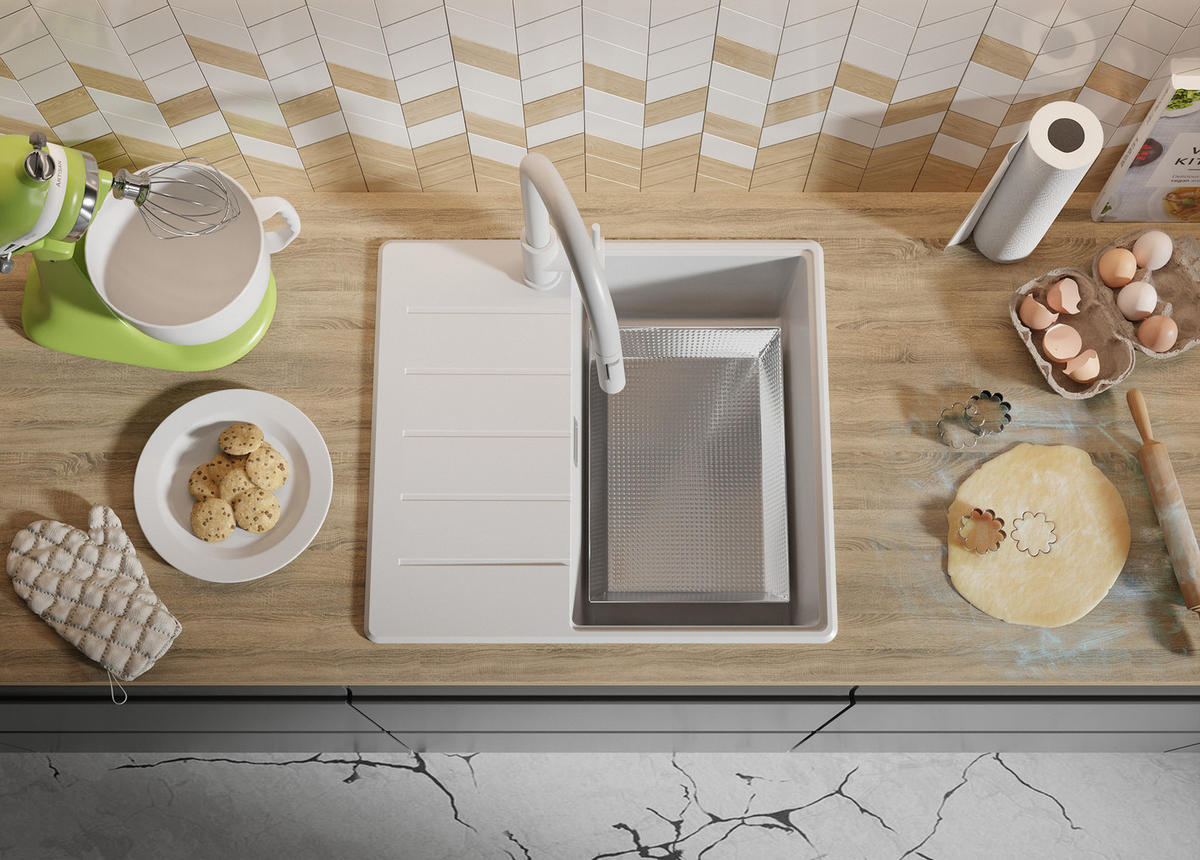 SPÜLBECKEN Kopenhagen, 2-er set Alles Weiß 55/50 cm 1 Becken + Ablauf-Set + Schneidebrett ab 40er Unterschrank - Beige/Weiß, Kunststoff (55/20/50cm) - Primagran