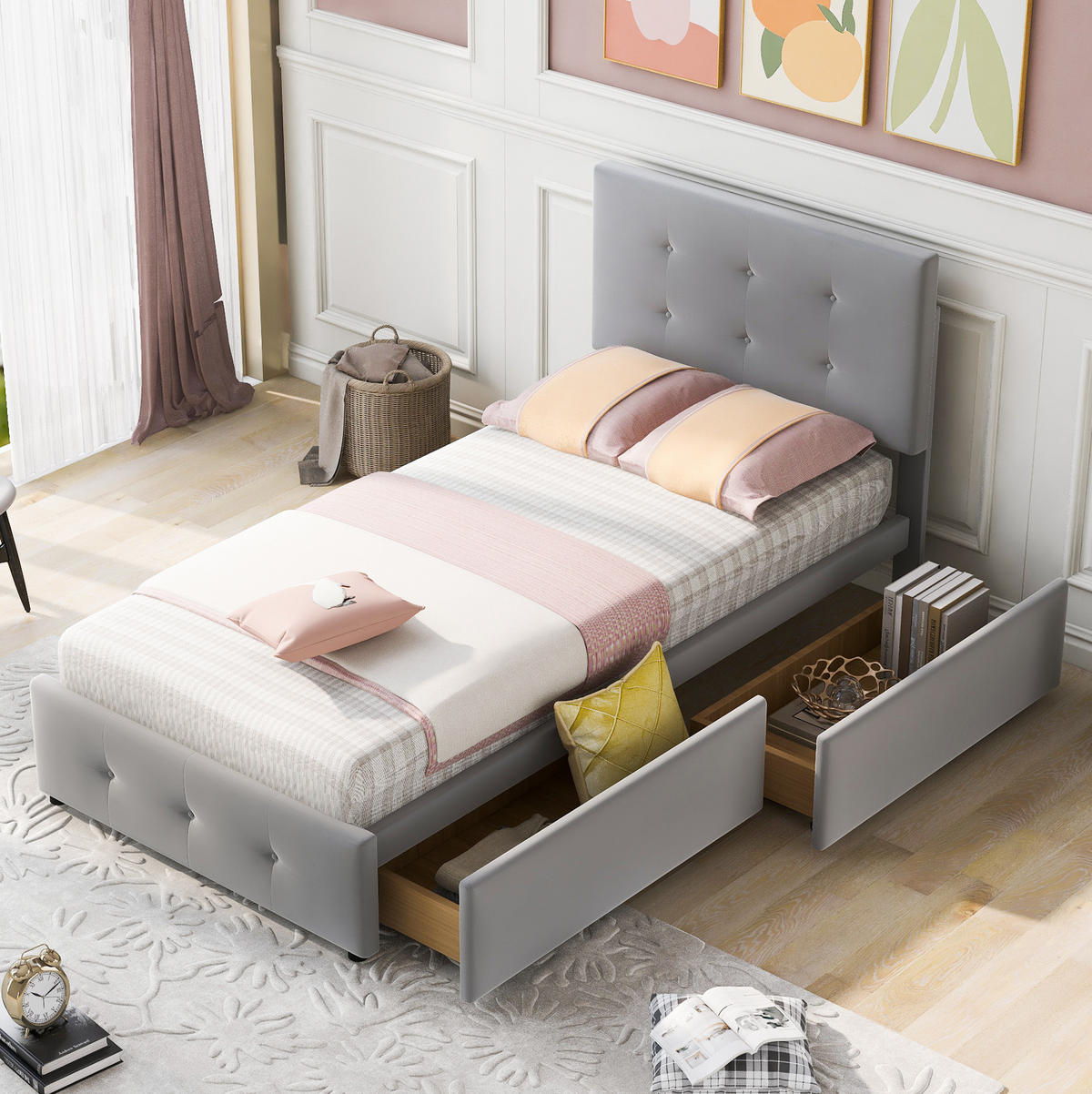 POLSTERBETT 90/200 cm Grau aus Samt mit Schublade - Grau, Textil (90/200cm) - Flora Grace