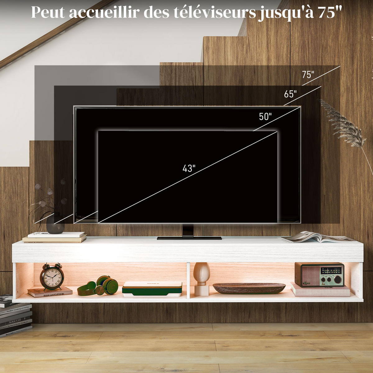 TV-LOWBOARD Weiß 180/40/30 cm, Hängend, LED-Beleuchtung, 2 Klappen - Weiß, Holz (180/30/40cm) - PANGIVO