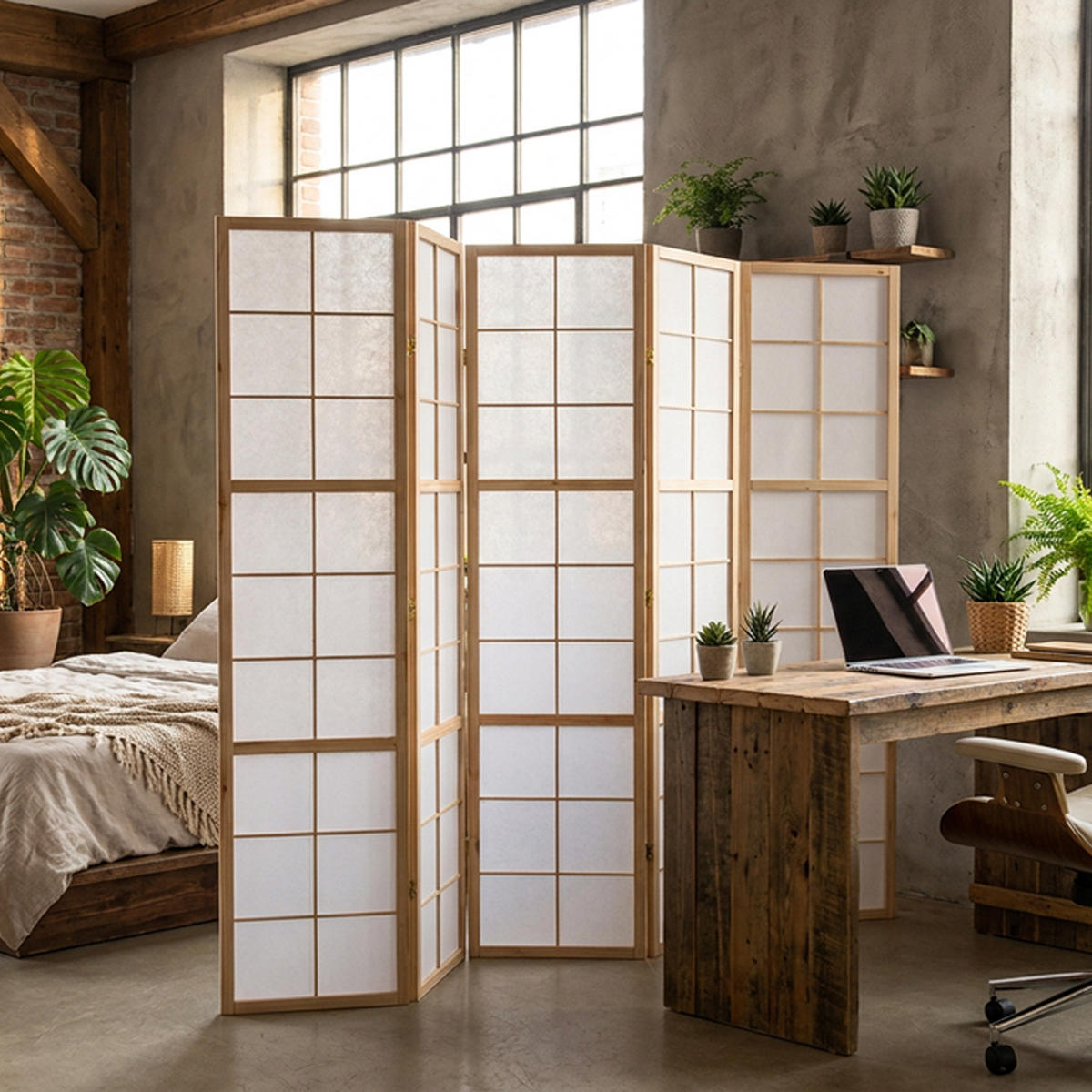 PARAVENT 5-tlg. 220/175 cm Braun Shoji - Braun, Holz (220/175/2cm) - Homestyle4u
