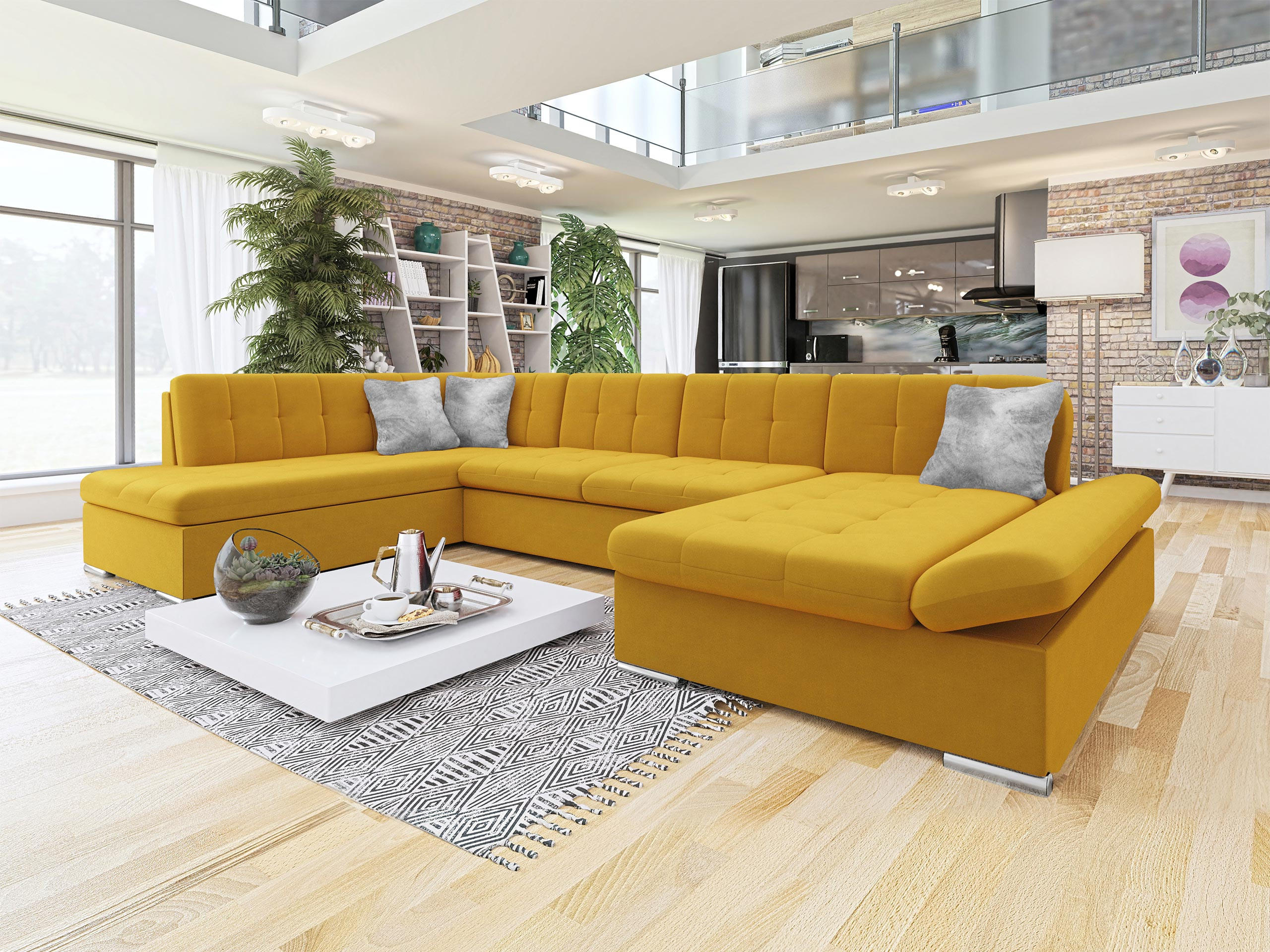 ECKSOFA Bergen Premium, Seite: Rechts - Gelb/Silberfarben, Holz/Textil (345/76/205cm) - MIRJAN24