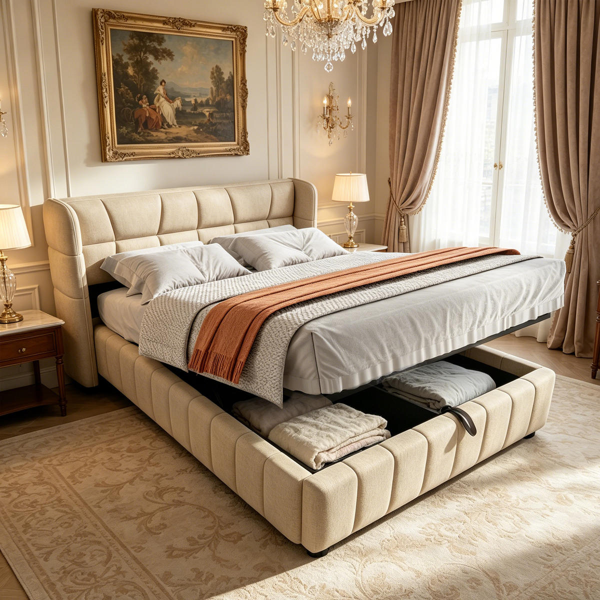 POLSTERBETT 140/200 cm in Beige mit Stauraum - Beige, Holzwerkstoff/Textil (140/200cm) - WISHDOR