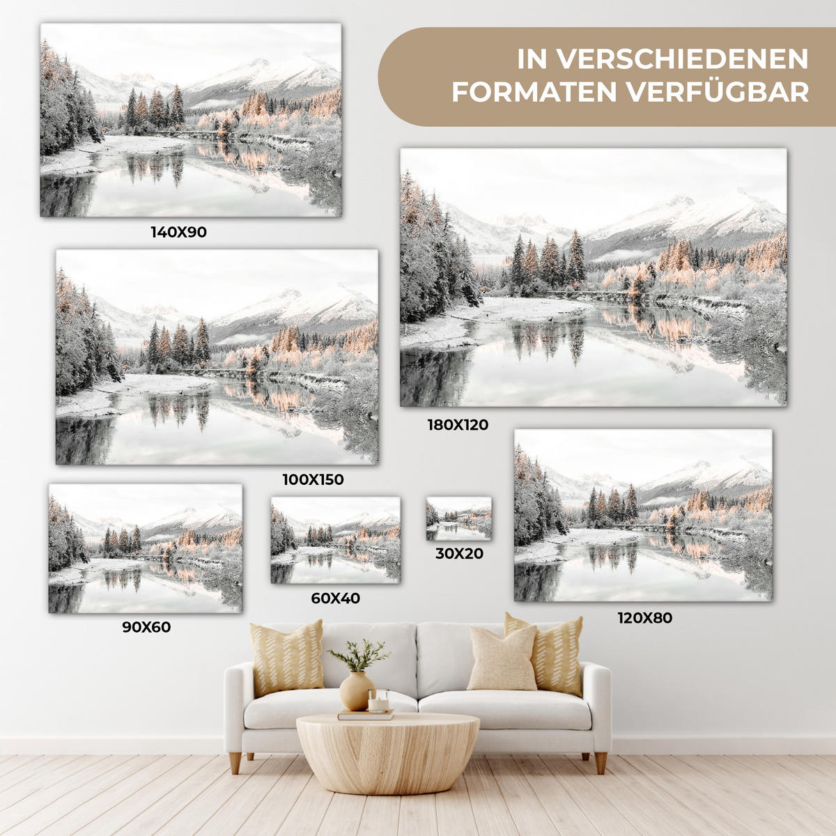 LEINWANDBILD Natur - Winter - Bäume - Berge - Schnee Wohnzimmer 120x80 cm - Weiß Hochglanz, Textil (120/80cm) - MuchoWow