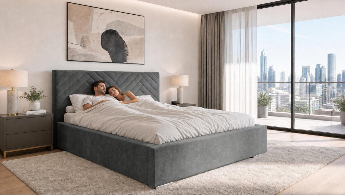 POLSTERBETT 200x200 cm AURA, Doppelbett mit Bettkasten und Lattenrost aus Holz, Velourstoff: Dunkelgrau - Dunkelgrau, Holz/Kunststoff (200/200cm) - Marpur
