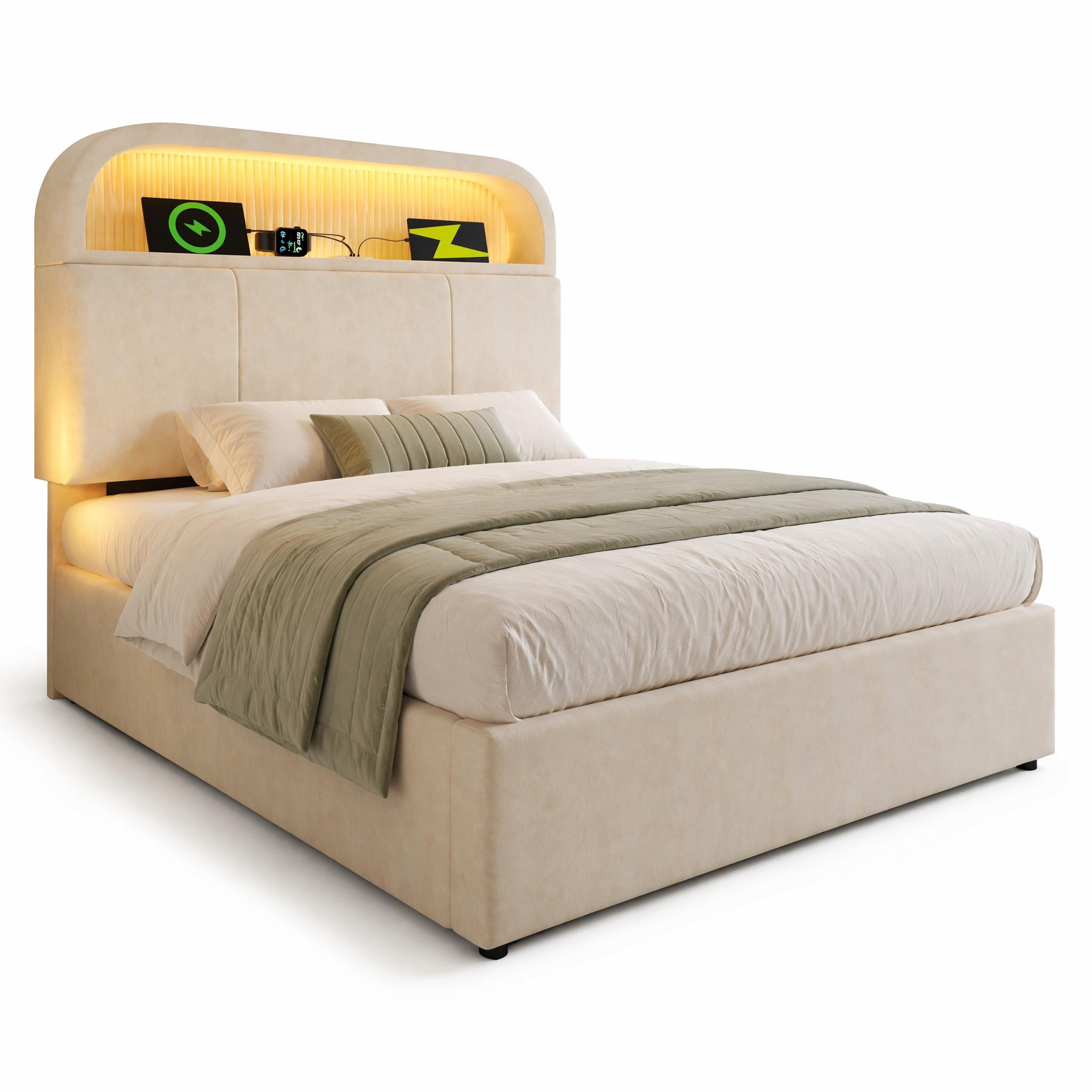 POLSTERBETT 90/200 cm in Beige mit Bettkasten, LED und USB aus Samt - Beige, Holzwerkstoff/Textil (90/200cm) - STILVORA