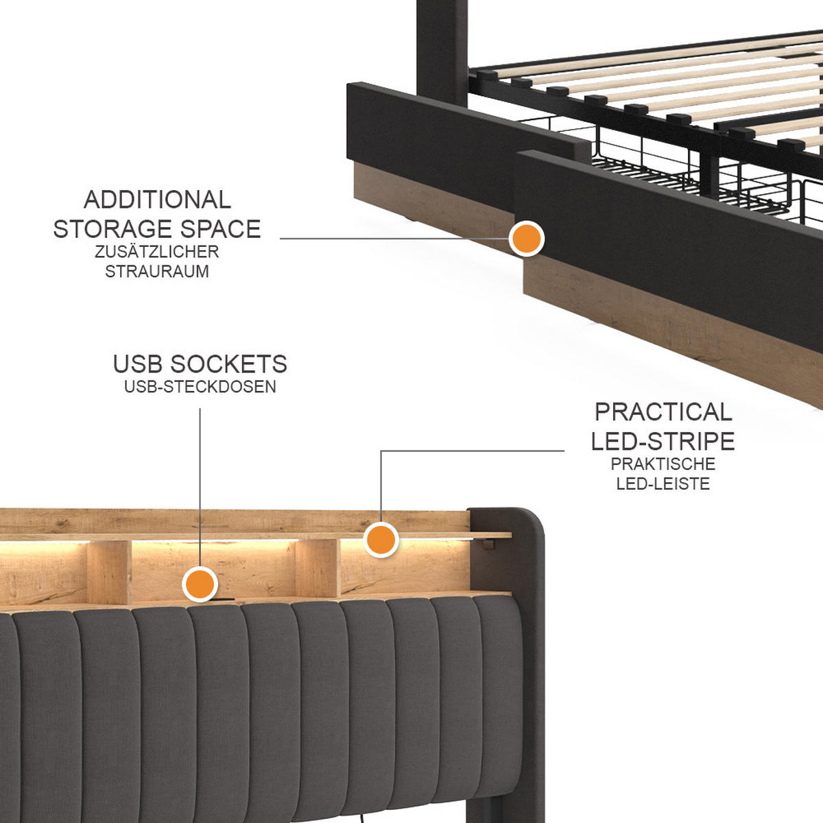 ČALOUNĚNÁ POSTEL Nura Antracit - antracitová/barva dubu, kompozitní dřevo - VitaliSpa
