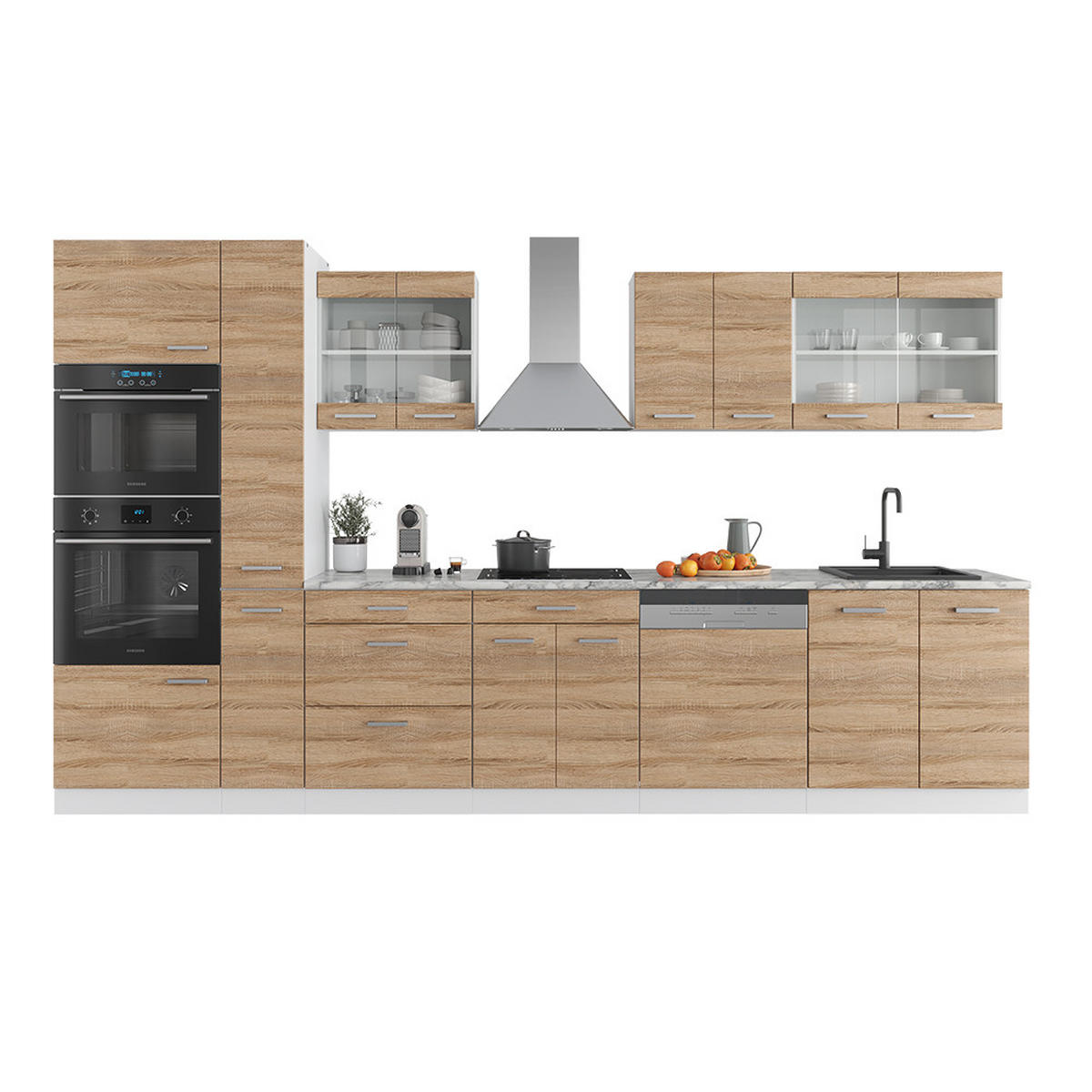 KÜCHENZEILE R-Line Sonoma/Weiß 350 cm mit Hochschrank, AP Anthrazit - Weiß/Sonoma Eiche, Holzwerkstoff (350/81.6/60cm) - Vicco