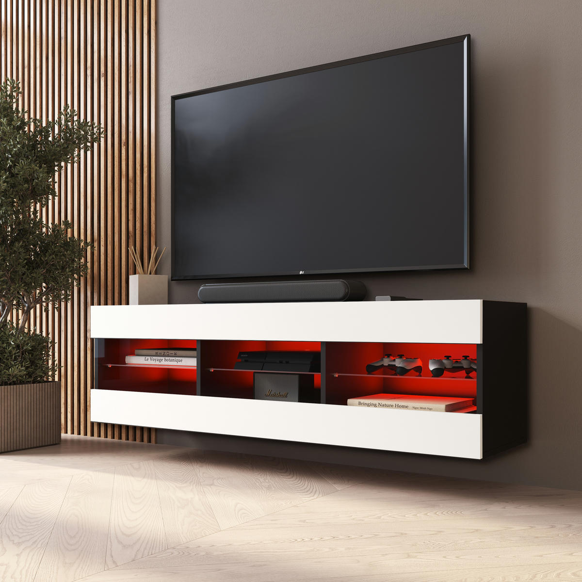 LOWBOARD TIVOLI RTV 140, Weiss, LED Mehrfarbige - Schwarz/Weiß, Glas/Holzwerkstoff (140/40.5/35.5cm) - Komodee