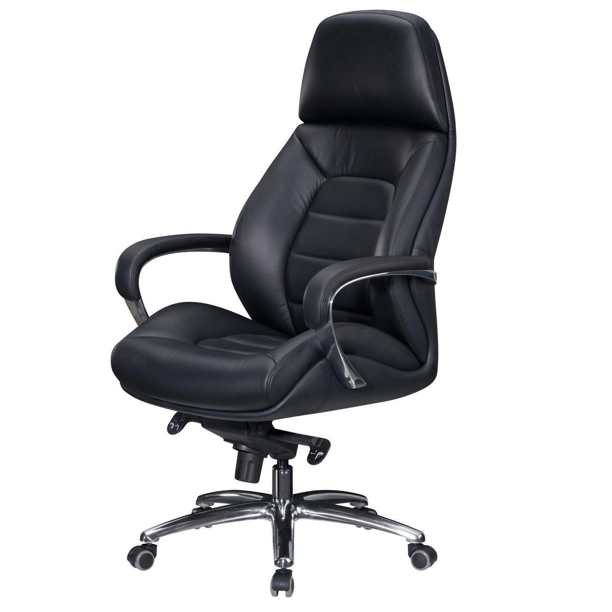 CHEFSESSEL Leder mit Multiblockwippmechanik bis 120 kg MIRON, Schwarz 67x67x137 cm - Silberfarben/Schwarz, Leder/Metall (67/137/67cm) - KADIMA DESIGN