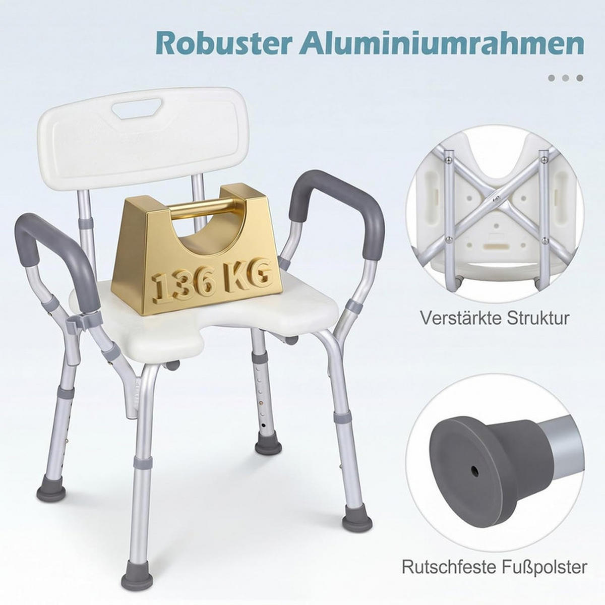 DUSCHHOCKER mit Armlehnen silber - Silberfarben, Metall (59/68.5/46cm) - COSTWAY