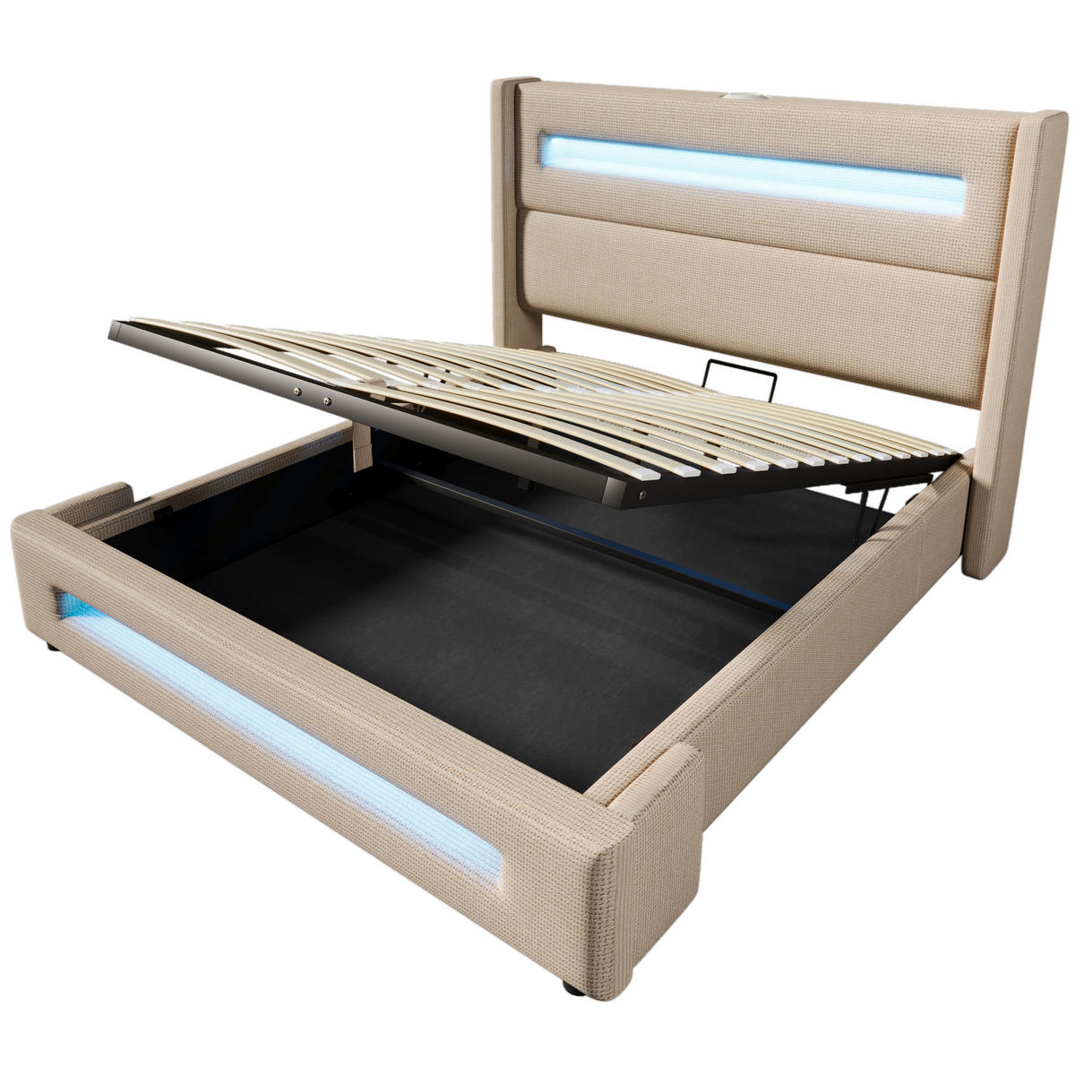 POLSTERBETT 160/200 cm Beige mit LED und Stauraum mit USB Type-C Aufladen - Beige, Textil (160/200cm) - OKWISH