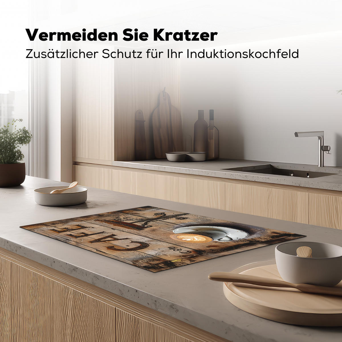HERDABDECKPLATTE Cafe - Holz - Kaffee - Regale Herdabdeckung Induktionsfeld 75x52 cm - Schwarz, Kunststoff (75/52/0.2cm) - MuchoWow