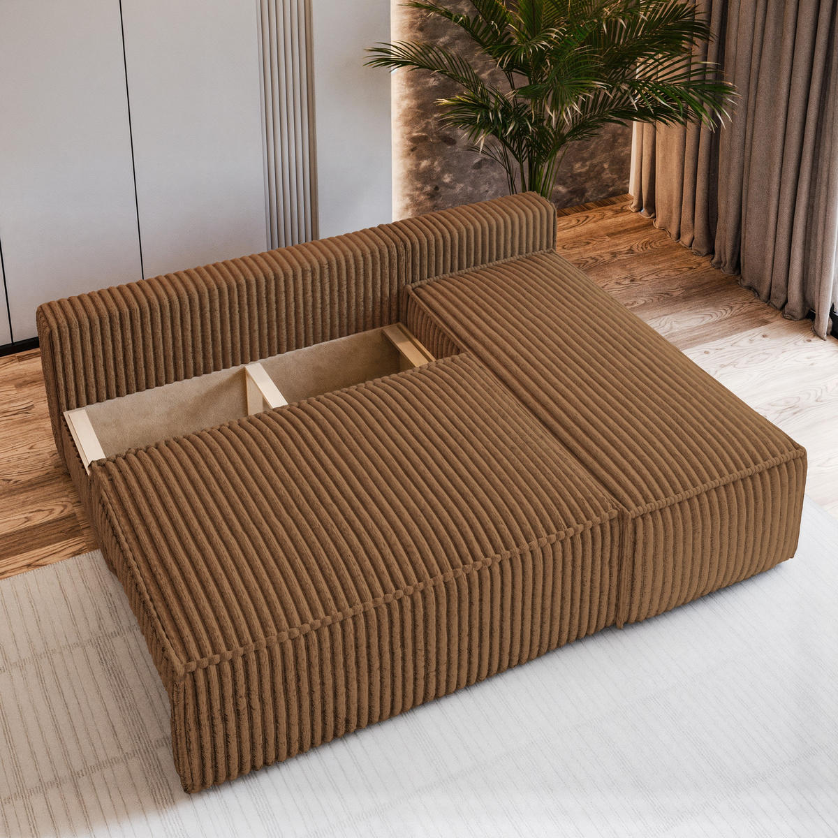 ECKSOFA BRISO T Kupferfarben Kordstoff mit Schlaffunktion - Kupferfarben, Holz (200/140cm) - MASSENO