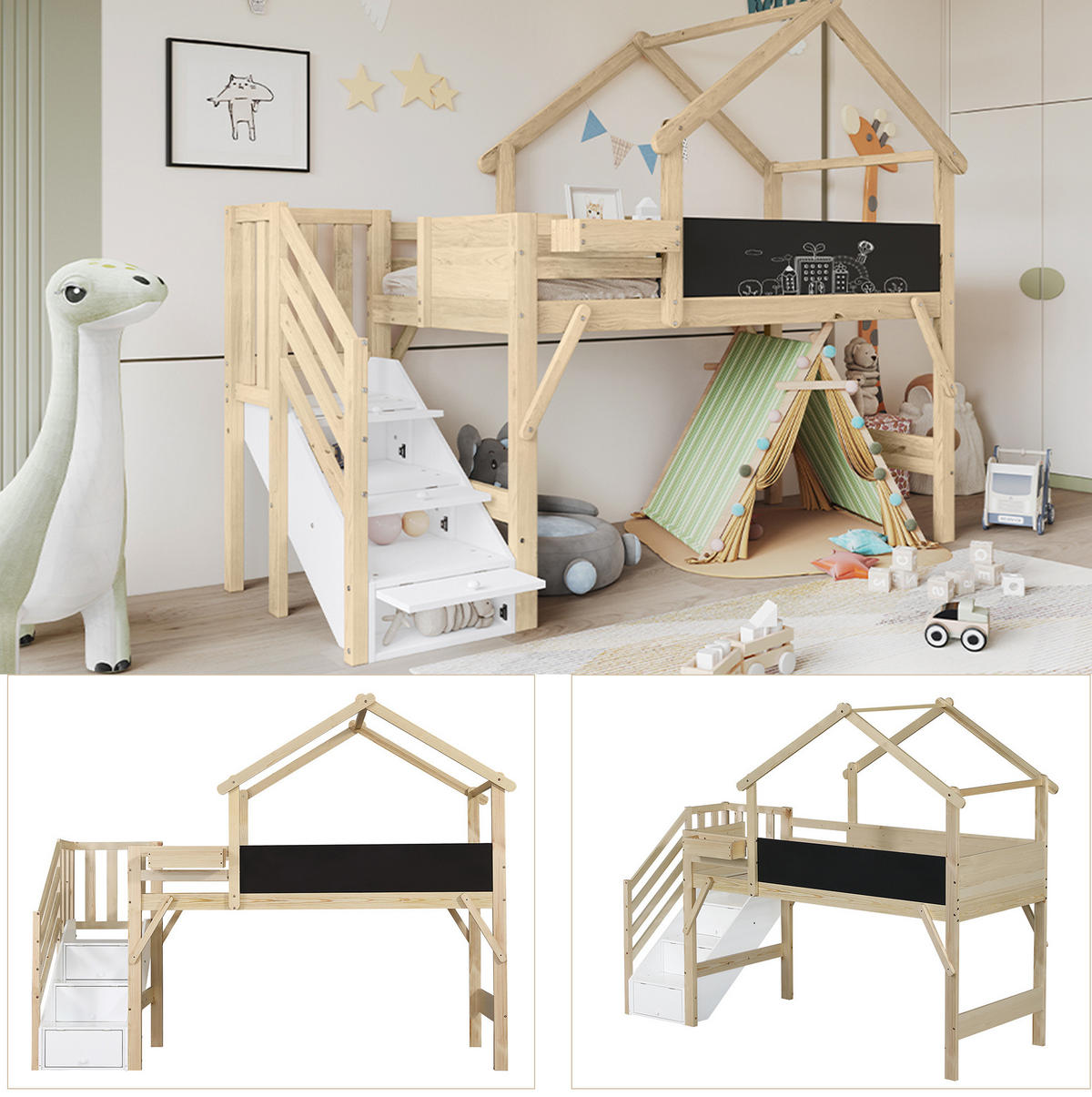 HAUSBETT 90/200 cm mit Stauraumtreppe und Tafel in Weiß/Natur - Weiß, Holzwerkstoff (90/200cm) - BEAOK