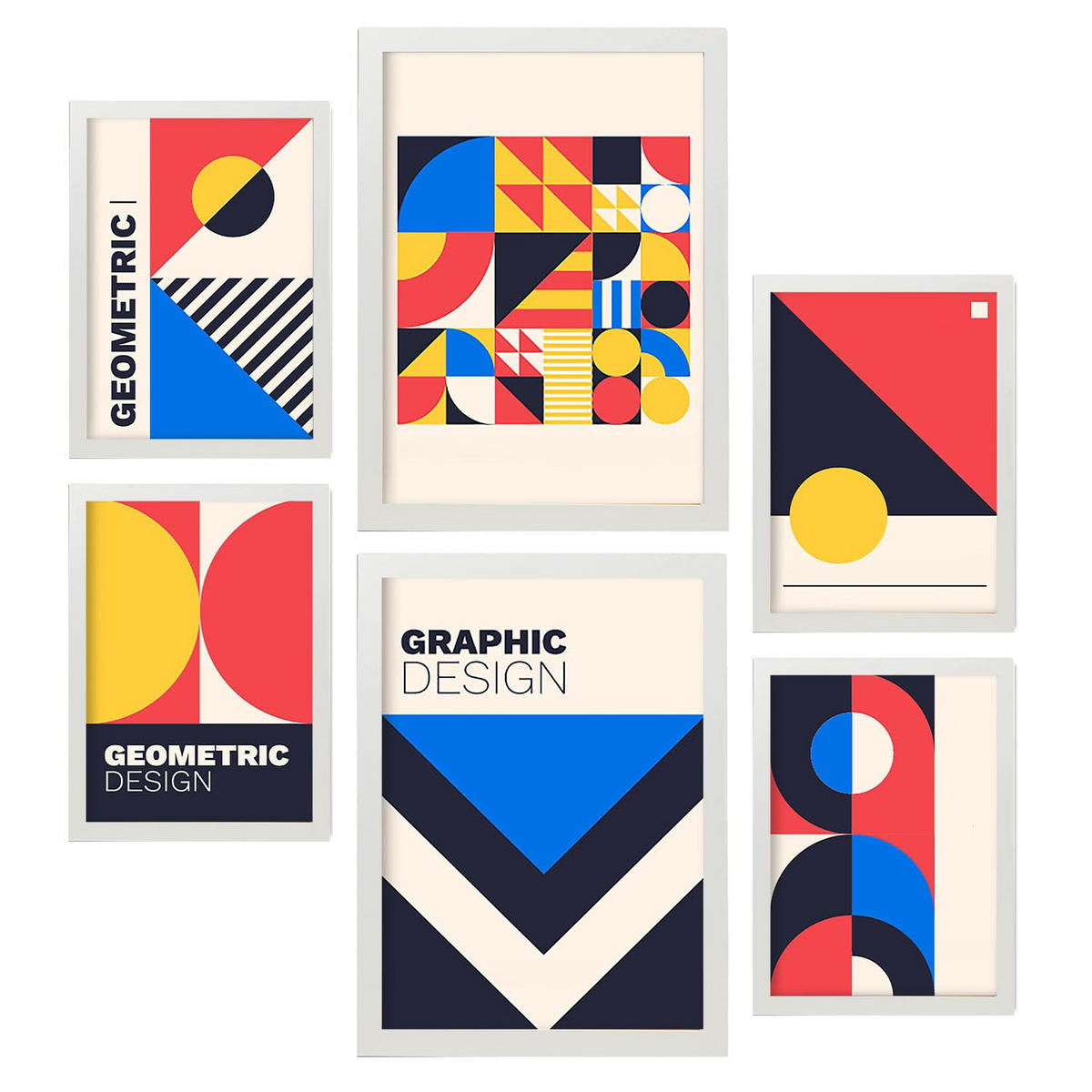 POSTER Set Mit 6 Bauhaus-Stil 1 Geometrisch Größe A3 & A4 Weißer Rahmen - Weiß, Papier (29.7/1cm) - Nacnic