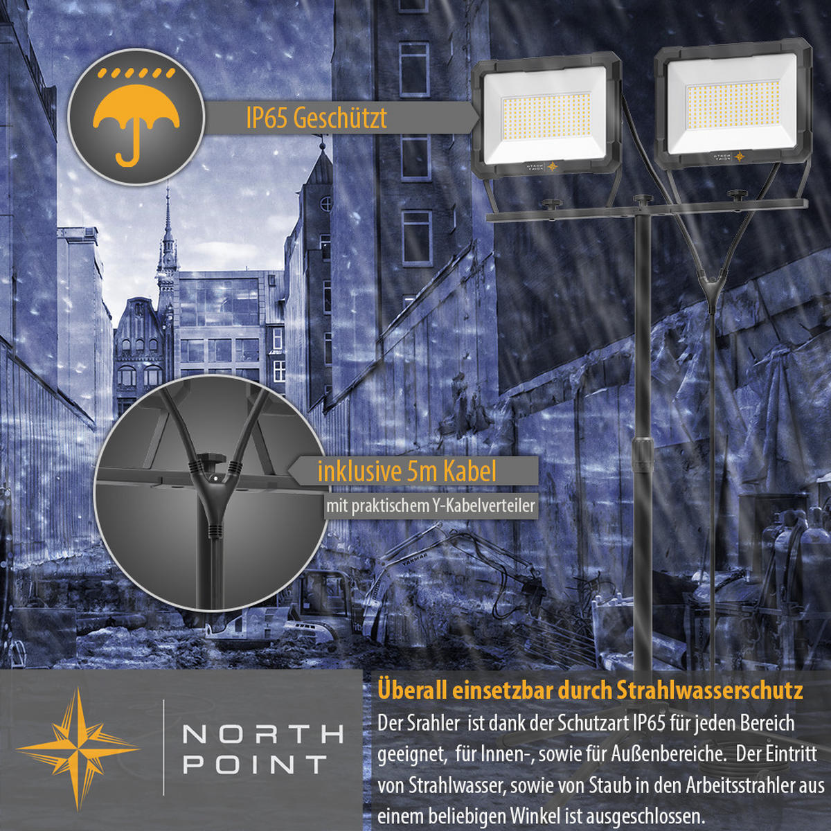 LED-DOPPELBAUSTRAHLER mit Stativ (2x150W, 2x12500 Lumen, 1,70m) - Schwarz, Metall (126/126/167cm) - Northpoint
