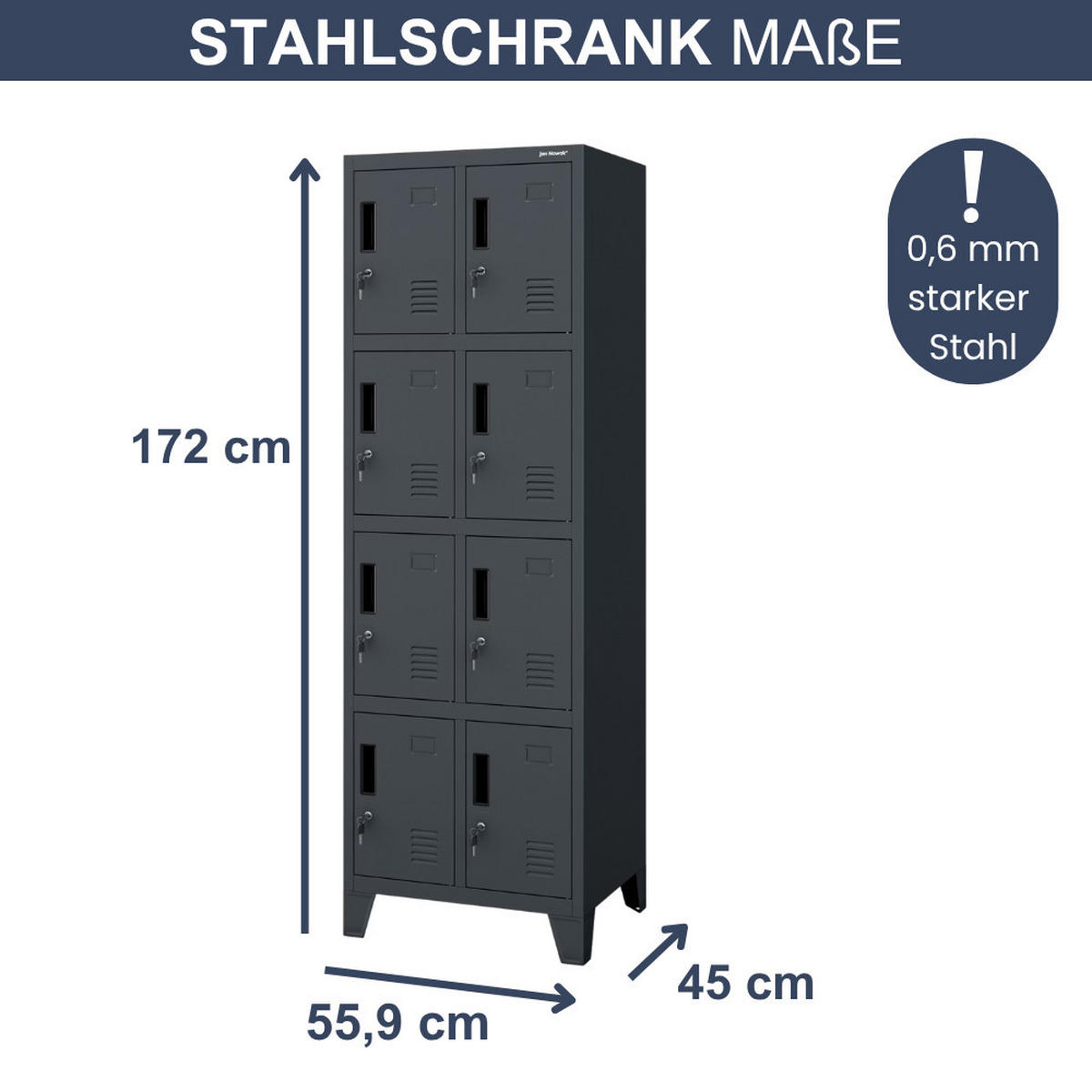 SCHLIESSFACHSCHRANK Spind ROBERT 8 Fächer 172x55,9x45cm Anthrazit - Anthrazit, Metall (55.9/172/45cm) - Jan Nowak
