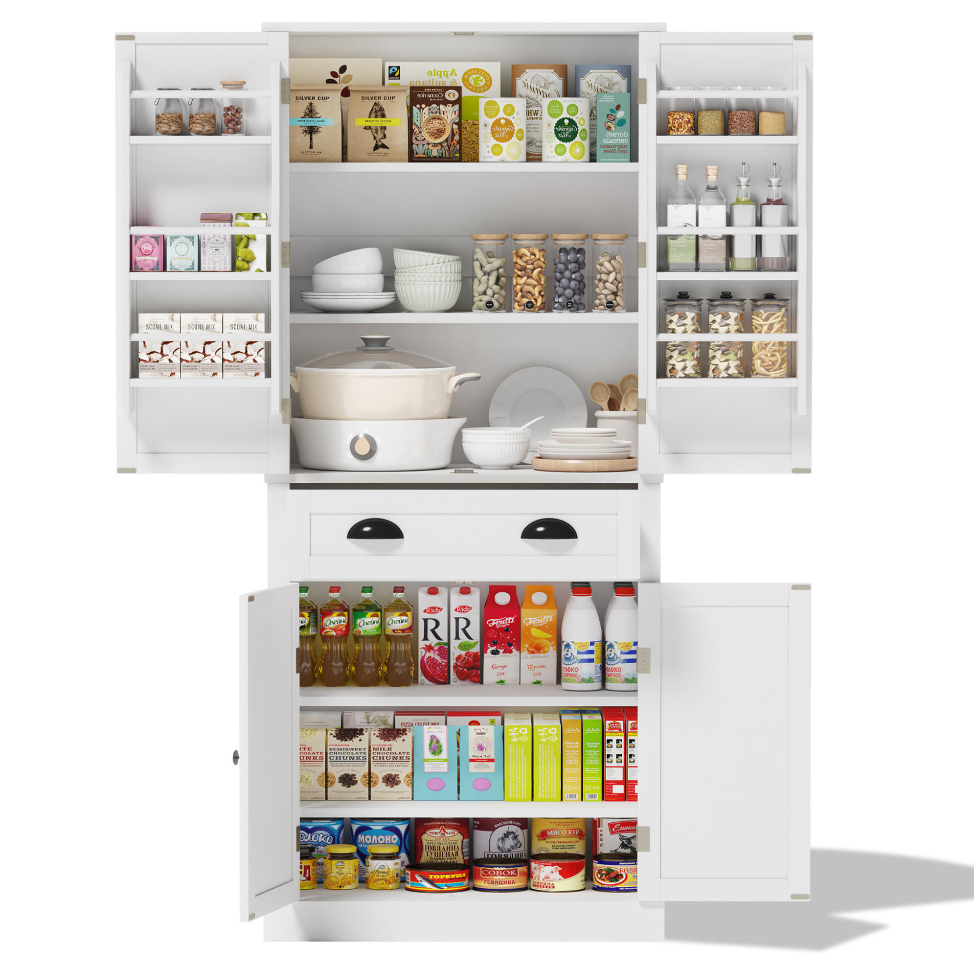 BUFFETSCHRANK 80/40/182 cm mit 4 Türen, 1 Schublade und verstellbaren Einlegeböden, vielseitiger Stauraum, Weiß - Weiß, Holzwerkstoff (80/182/40cm) - Redom