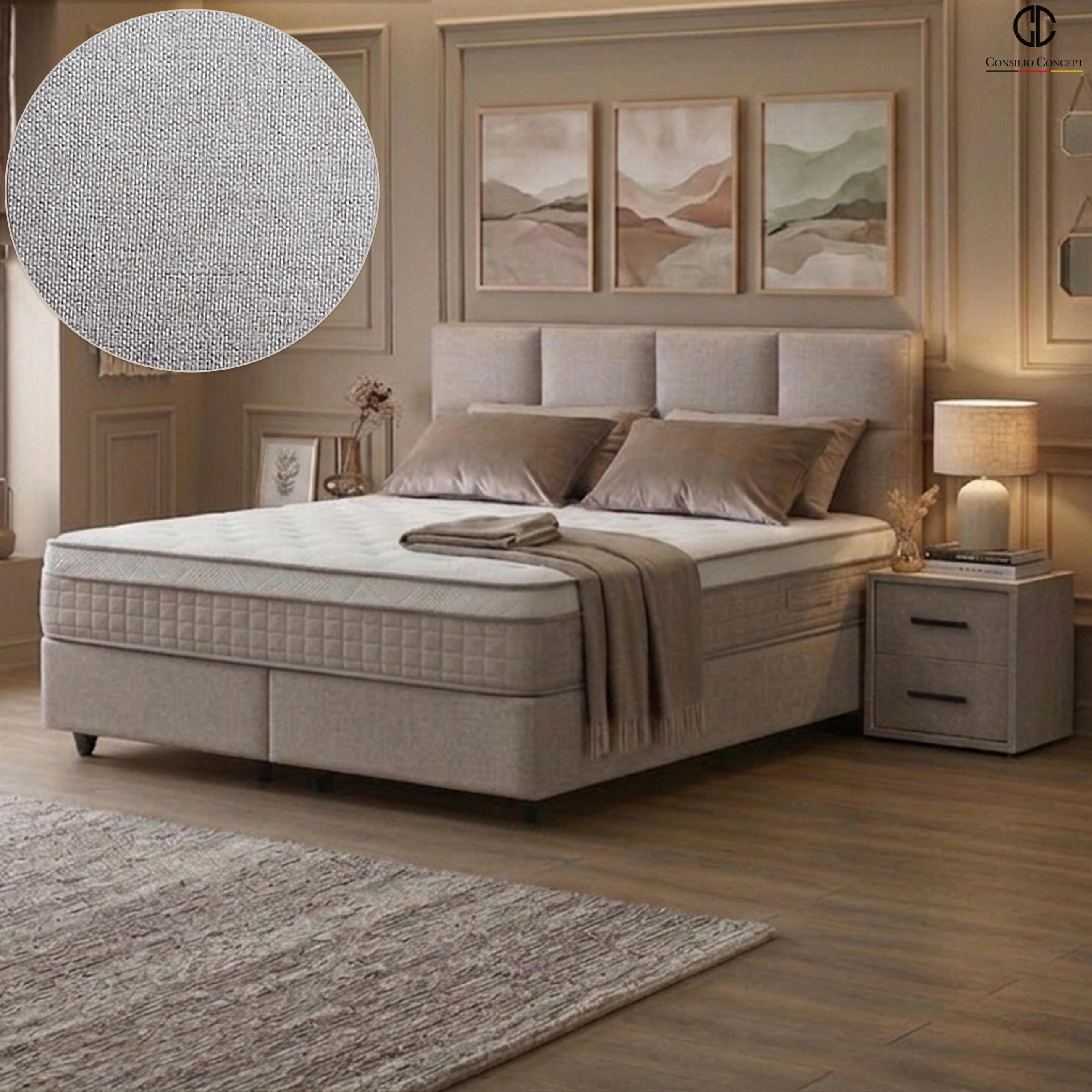 BOXSPRINGBETT MIT BETTKASTEN ARIANA 120/200 cm, Greige, mit Leuchten, Bettkasten, Matratze, Topper integriert, H3 mittel - Greige/Schwarz, Holz/Kunststoff (120/200cm) - Consilio Concept