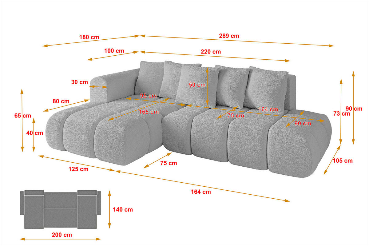 ECKSOFA Ottomane Links CLOUD-L-v1 289x180x40 Hellgrau Bouclé - Hellgrau, Holzwerkstoff/Kunststoff (180/289cm) - ALTDECOR
