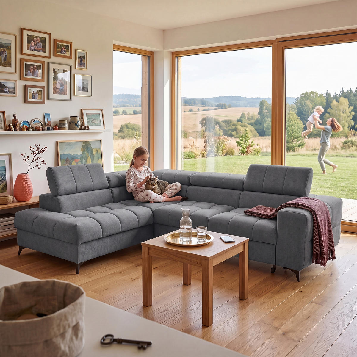 ECKSOFA PUDDING L Links mit Schlaffunktion 125x195 Velours Dunkelgrau - Dunkelgrau/Schwarz, Holz/Textil (203/275cm) - Muffo