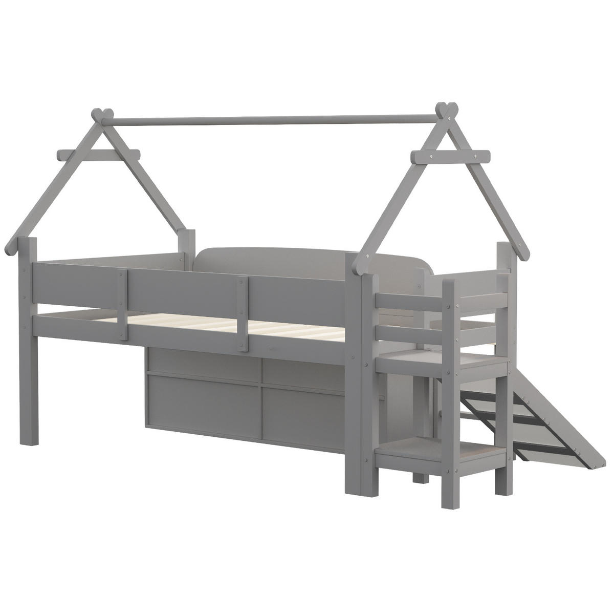HOCHBETT 90/200 cm mit Rutsche, Dachrahmen, Stauraum und Sicherheitsgeländer, Grau - Grau, Holzwerkstoff (90/200cm) - Redom