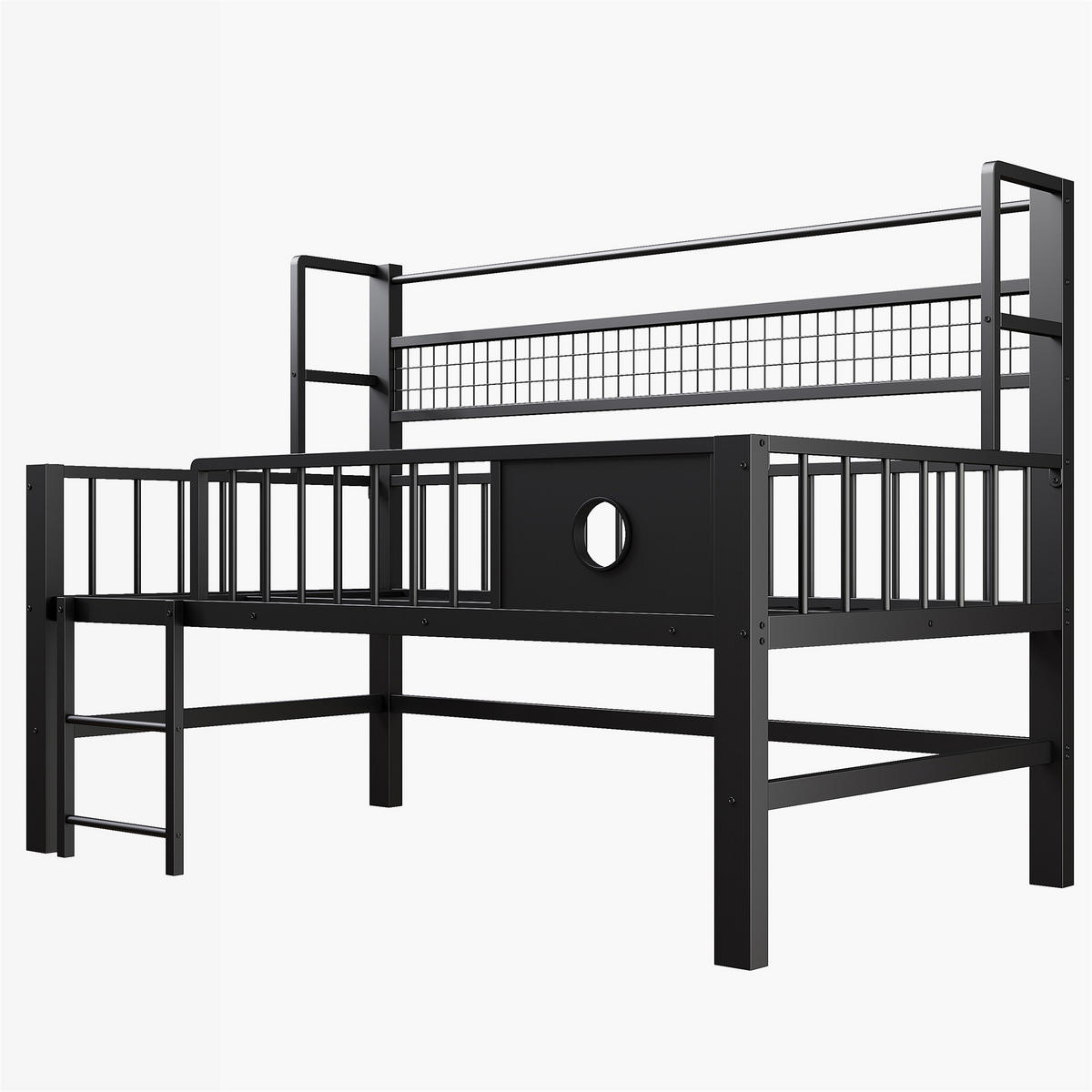 KINDEREINZELBETTEN aus Metall 90x200 cm in Schwarz mit Sicherheitsgitter & Stauraum - Schwarz, Metall (90/200cm) - Modfu