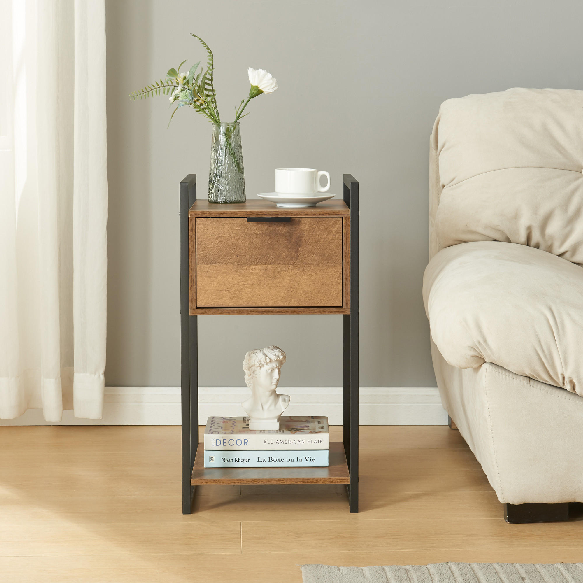 Thumbnail - [en.casa] Beistelltisch, Walnuss, Schwarz, Metall, 1 Fächer, 1 Schubladen, 33x62x32 cm, Wohnzimmer, Wohnzimmertische, Be...