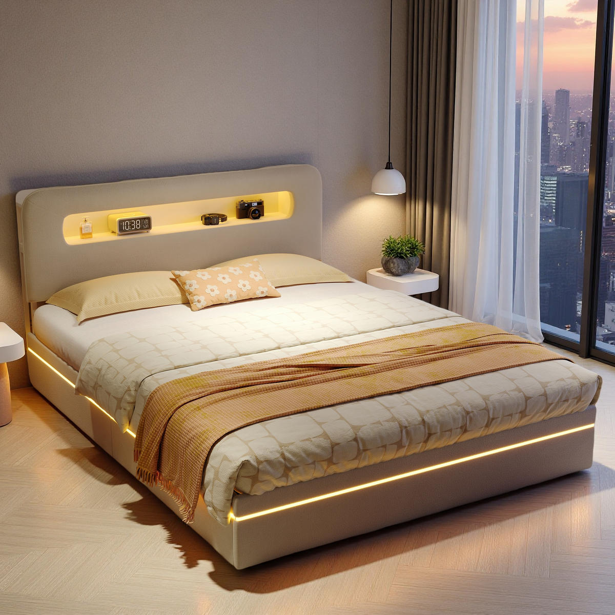 POLSTERBETT 160x200 cm Beige Samt LED USB Ablage Bettkasten - Beige, Holz (160/200cm) - SHOPENTRA