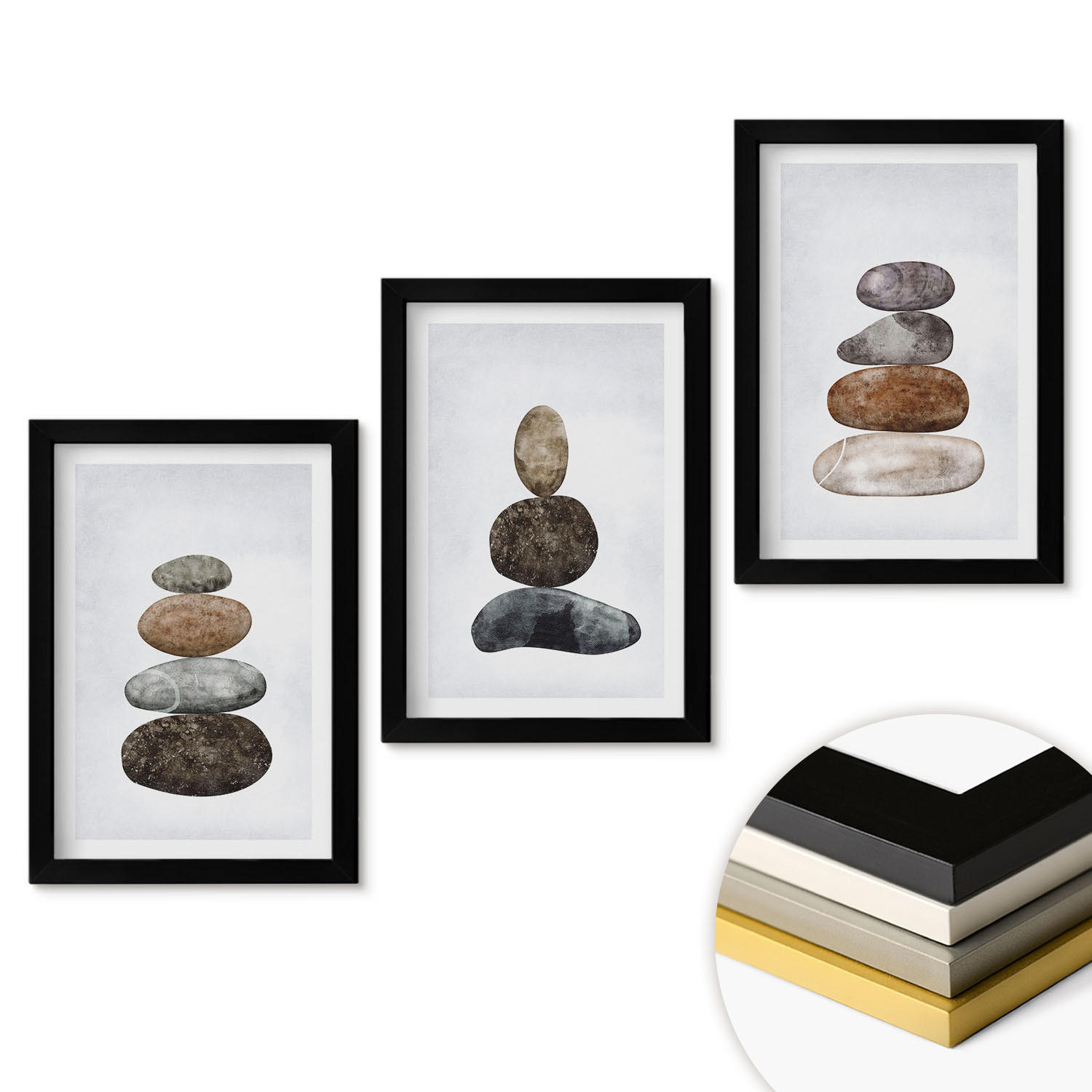 WANDBILDER 3er-Set - 20x30 cm Schwarzer Rahmen - Minimalistische Boho-Steine - Schwarz, Kunststoff (20/30cm) - ArtPrintCave