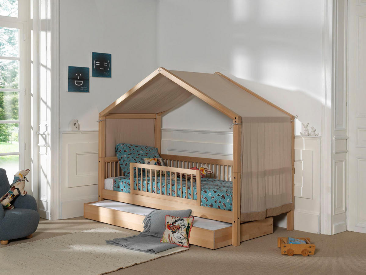 HAUSBETT Kelci 90x200 Bettschublade Absturzschutz Buche massiv natur - Buchefarben, Holz (90/200cm) - 58aufmkessel