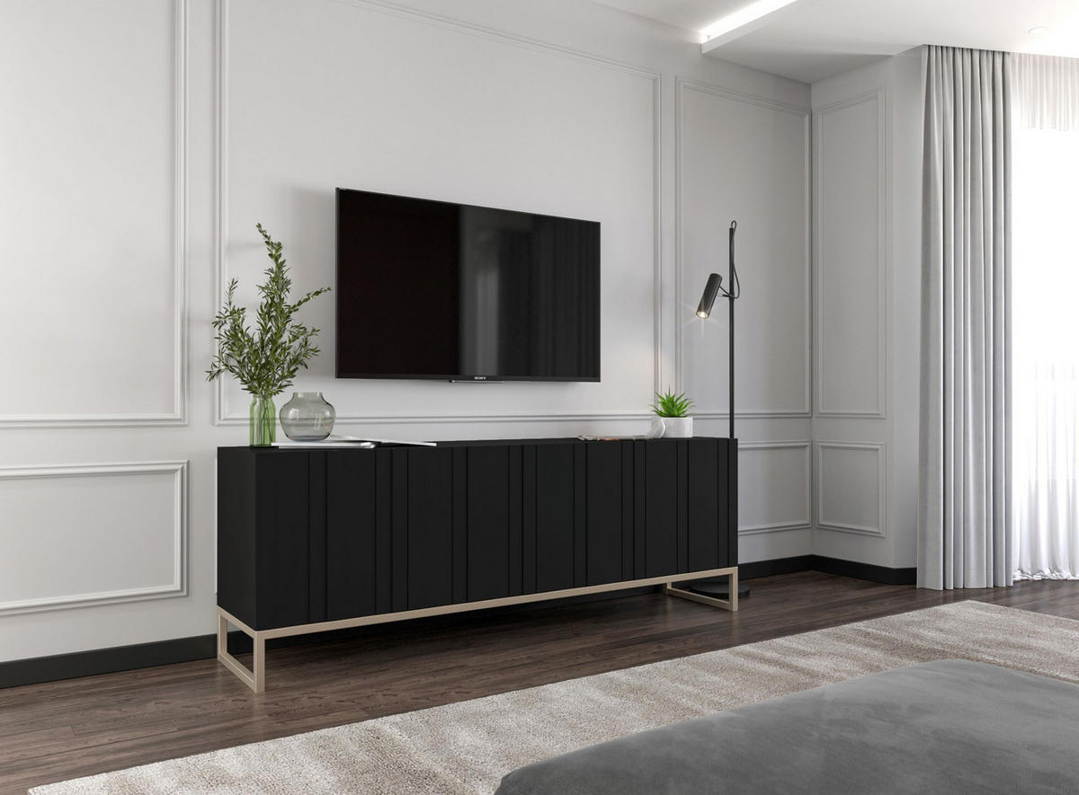 TV-SCHRANK Elpis Schwarz Matt mit Metallrahmen 150 cm - Goldfarben/Schwarz, Holzwerkstoff/Metall (150/51.5/36.5cm) - Meble Lindner