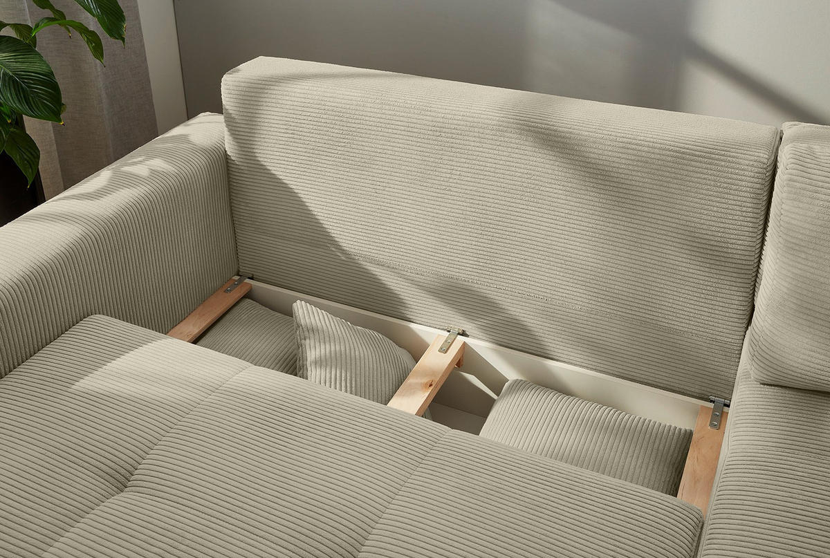 ECKSOFA-DAUERSCHLÄFER Boxspring Federkern Topper Bettkasten, seitenverkehrt montierbar B257/T206/H85 cm, Cord Beige Grau / 15212 - Greige/Eichefarben, Holz/Textil (257/206cm) - luma-home